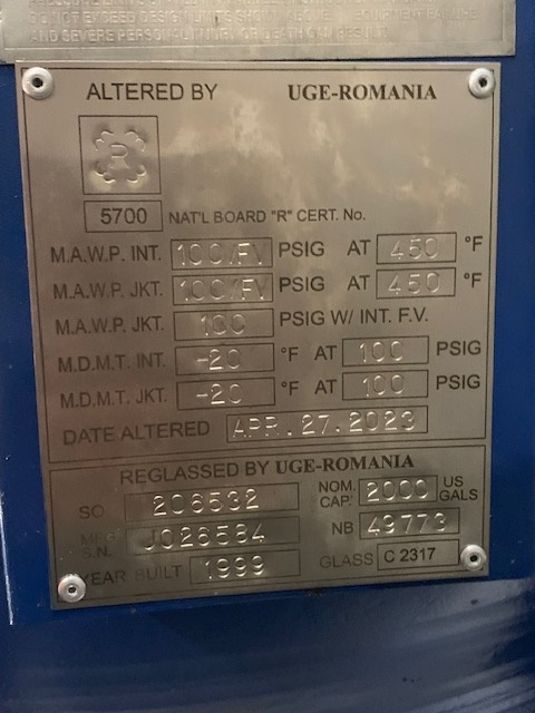  Batch-Type Agitated Reactor 7,550 L (2,000 gallons) Glasslined For Sale - IPP# 206532