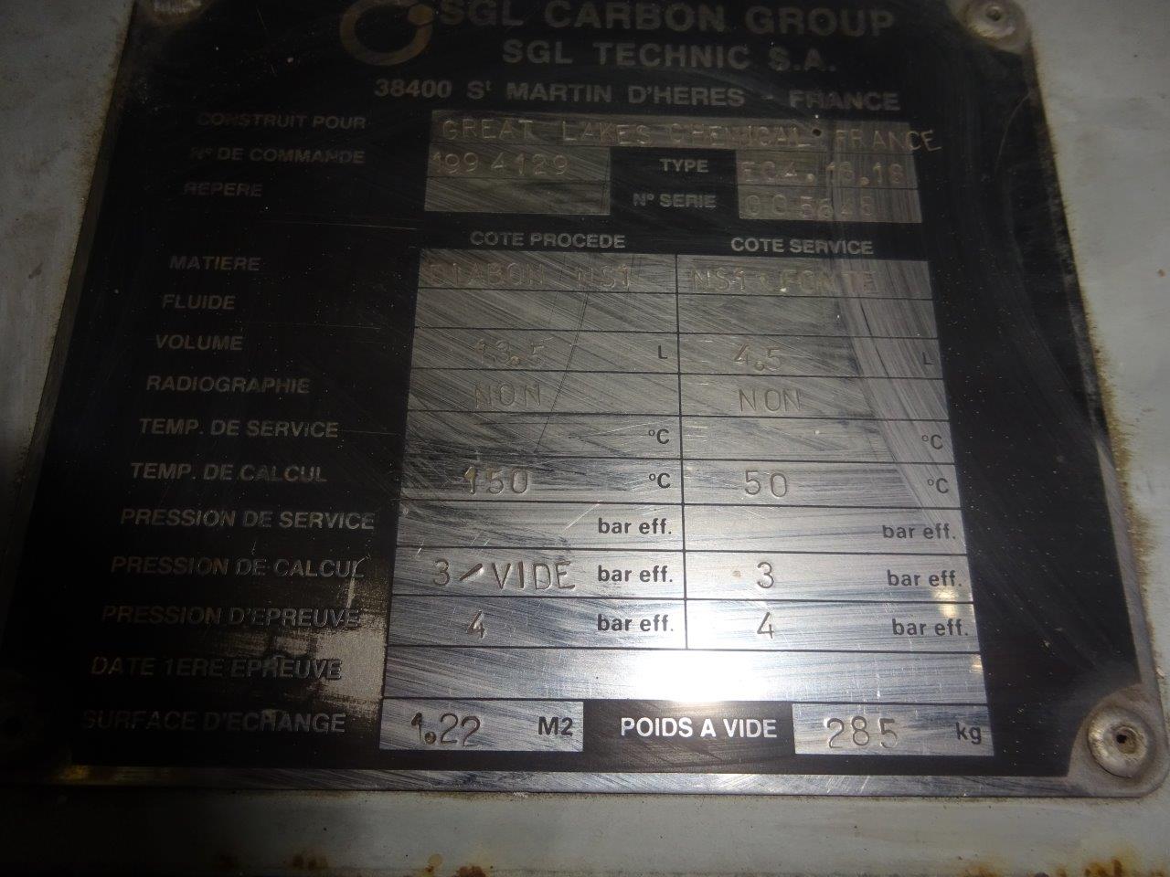 IPP# 202757, 1.22 m² (13.1 ft²) Unused Graphite Block Heat Exchanger For Sale