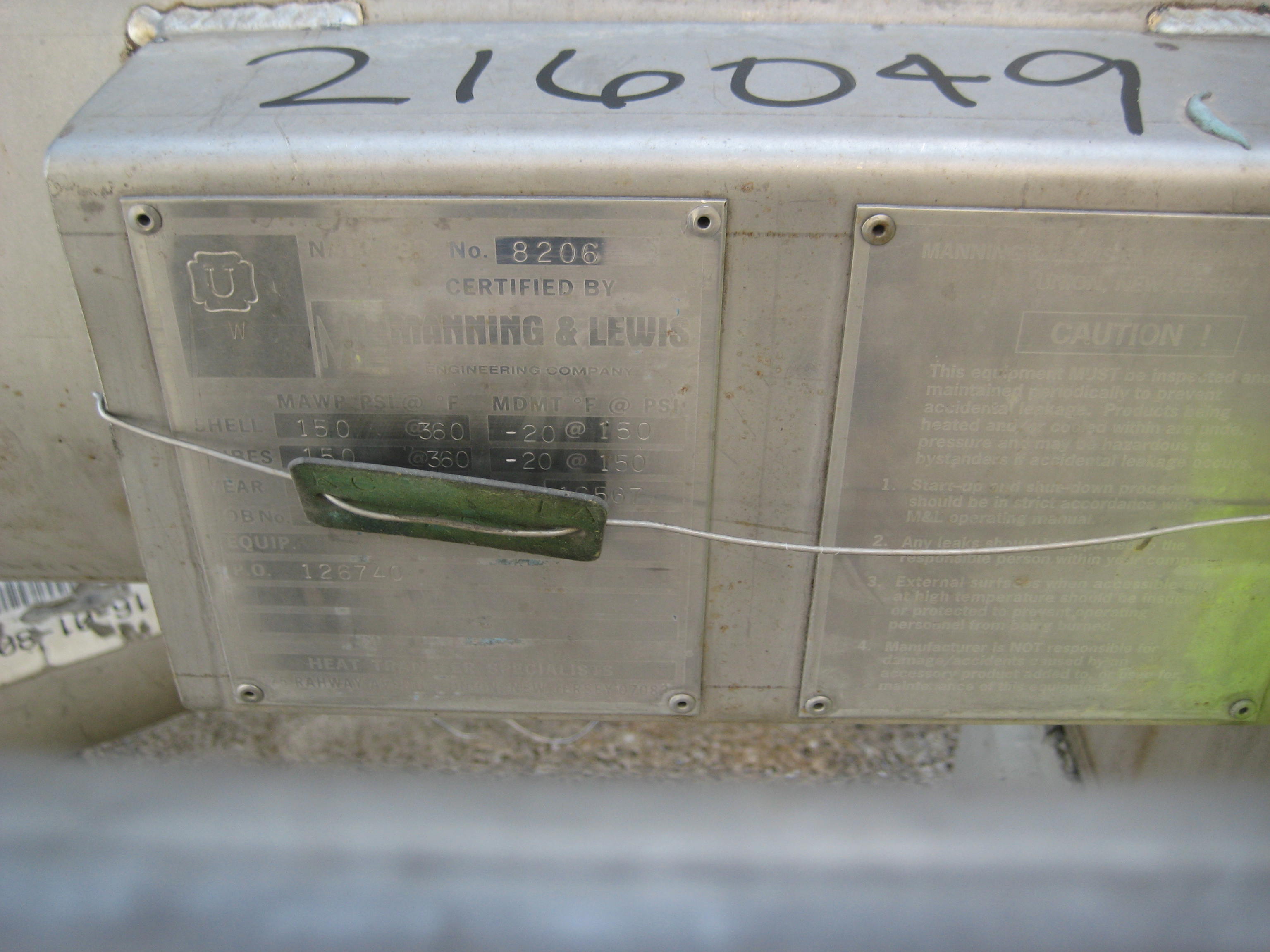  Shell and Tube Heat Exchanger 14.9 m² (160 ft²) Stainless Steel 304 For Sale - IPP# 216049