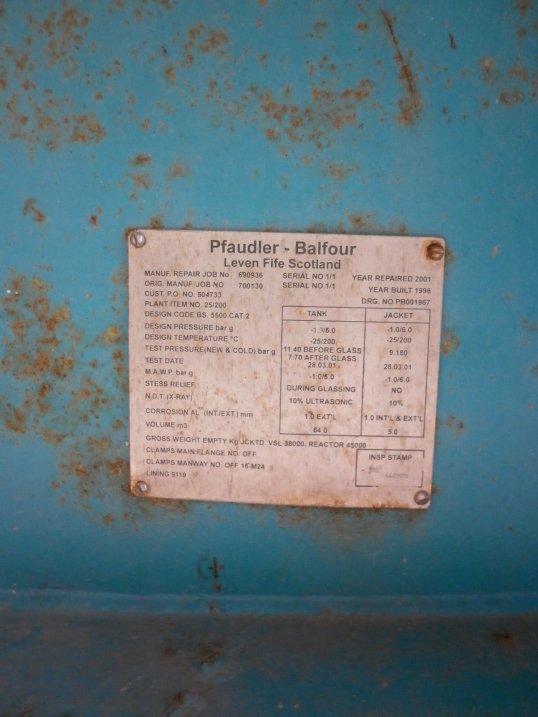 IPP# 216396, 70,100 L (18,518 gallons)  Glasslined Batch-Type Agitated Reactor For Sale