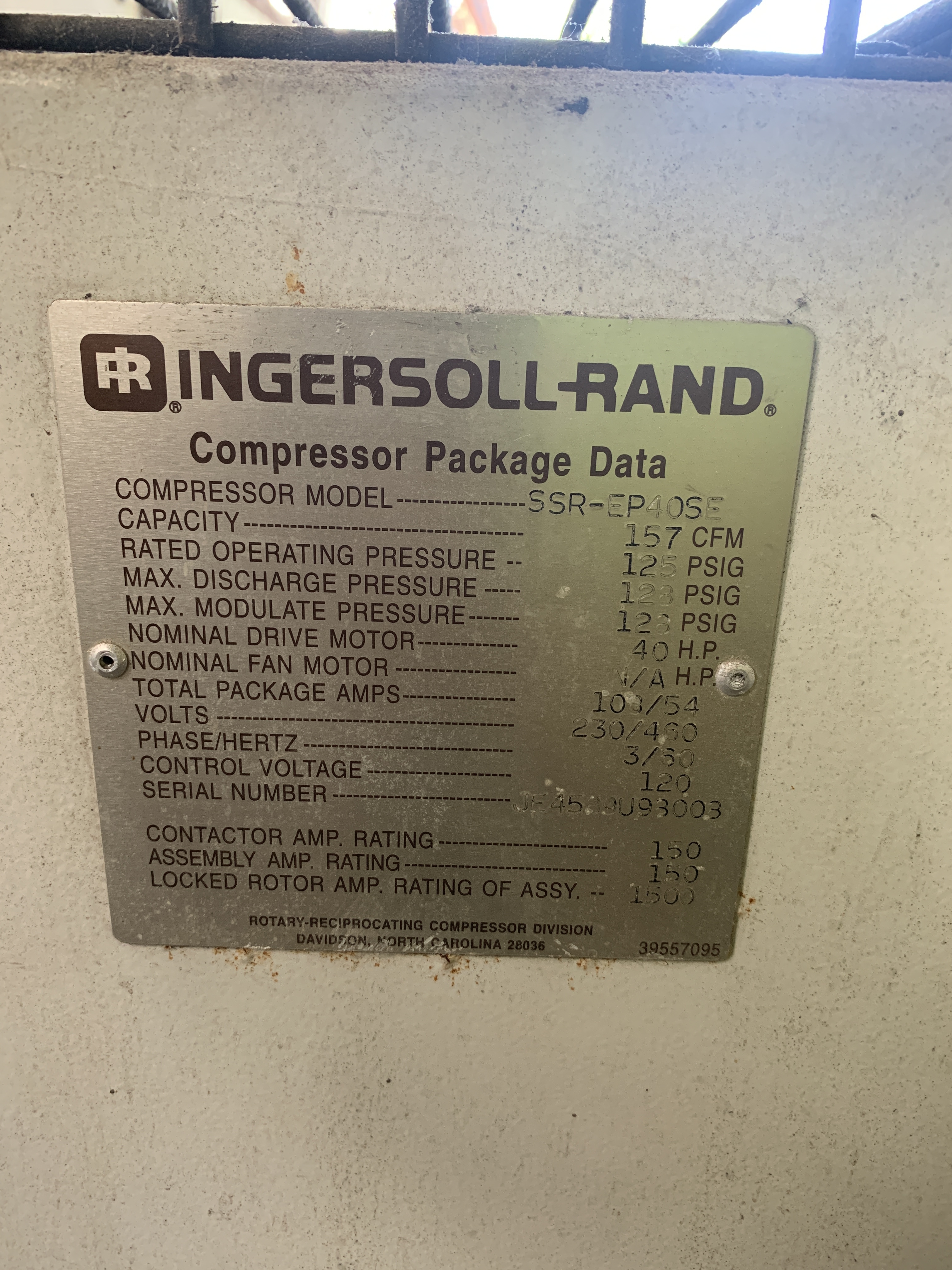 Carbon Steel Ingersoll Rand SSR EP40SE Rotary Compressor - IPP# 213579
