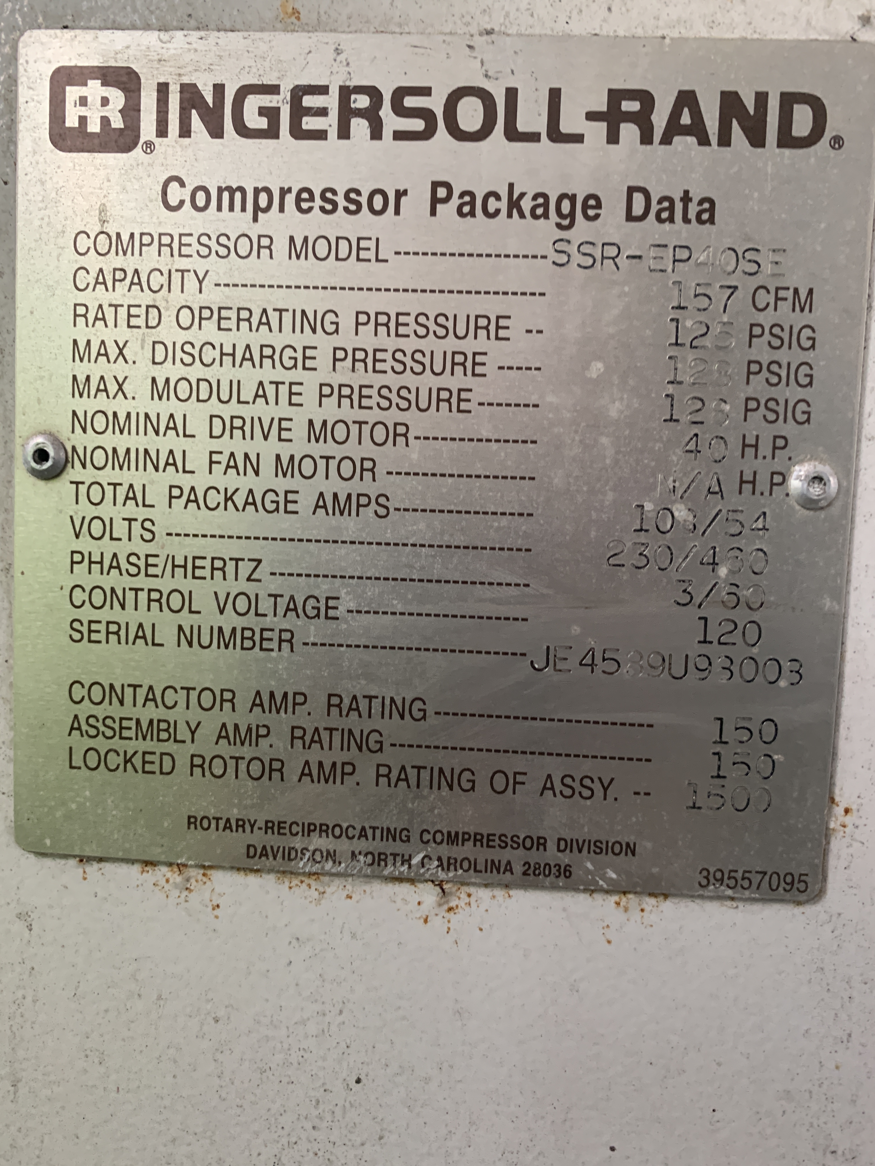 Carbon Steel Ingersoll Rand SSR EP40SE Rotary Compressor - IPP# 213579