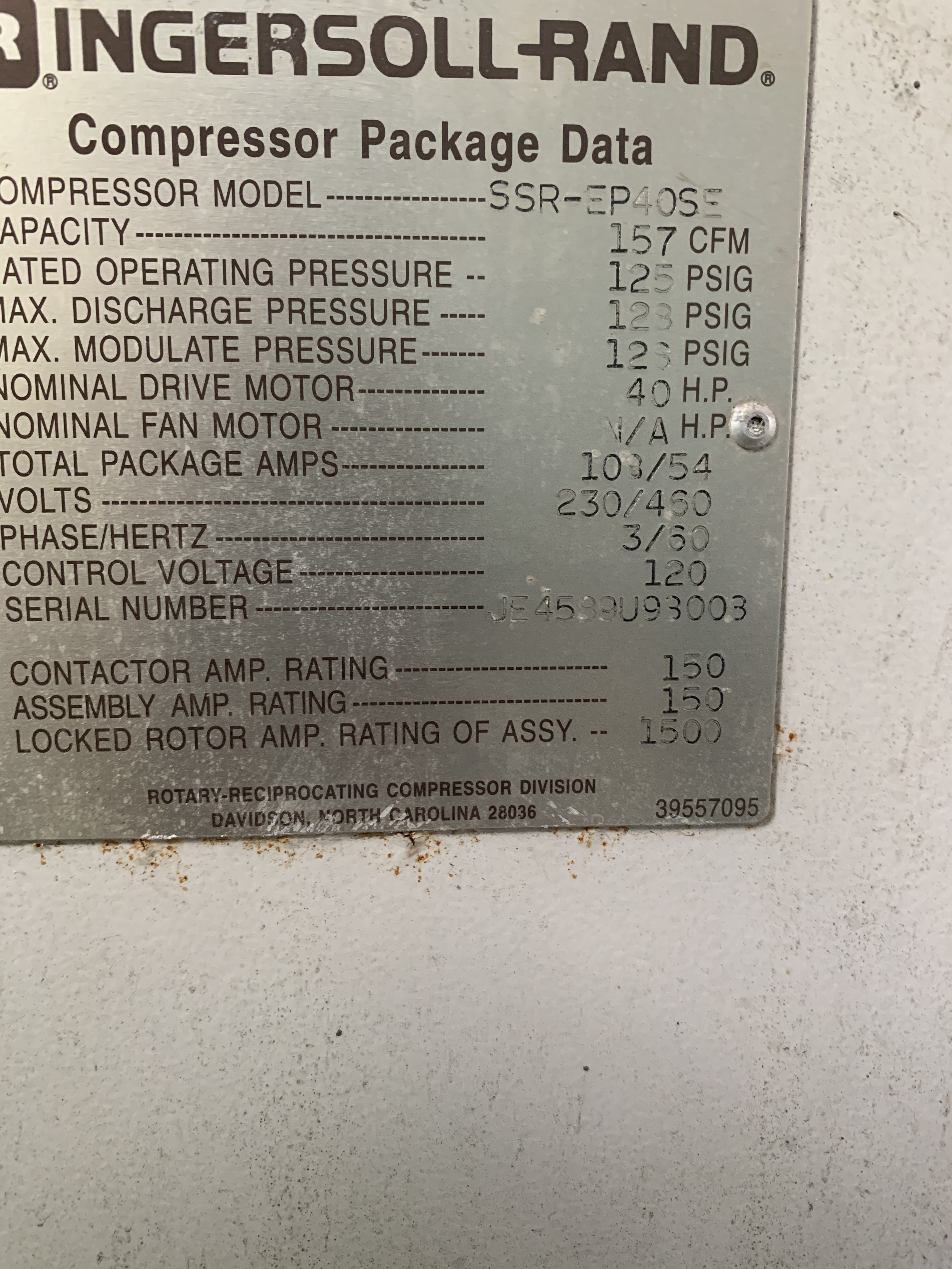 Carbon Steel Ingersoll Rand SSR EP40SE Rotary Compressor - IPP# 213579