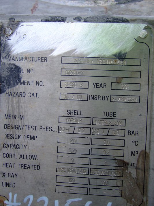 IPP# 221544, 25.2 m² (271.3 ft²)  Stainless Steel 316 Shell and Tube Heat Exchanger For Sale