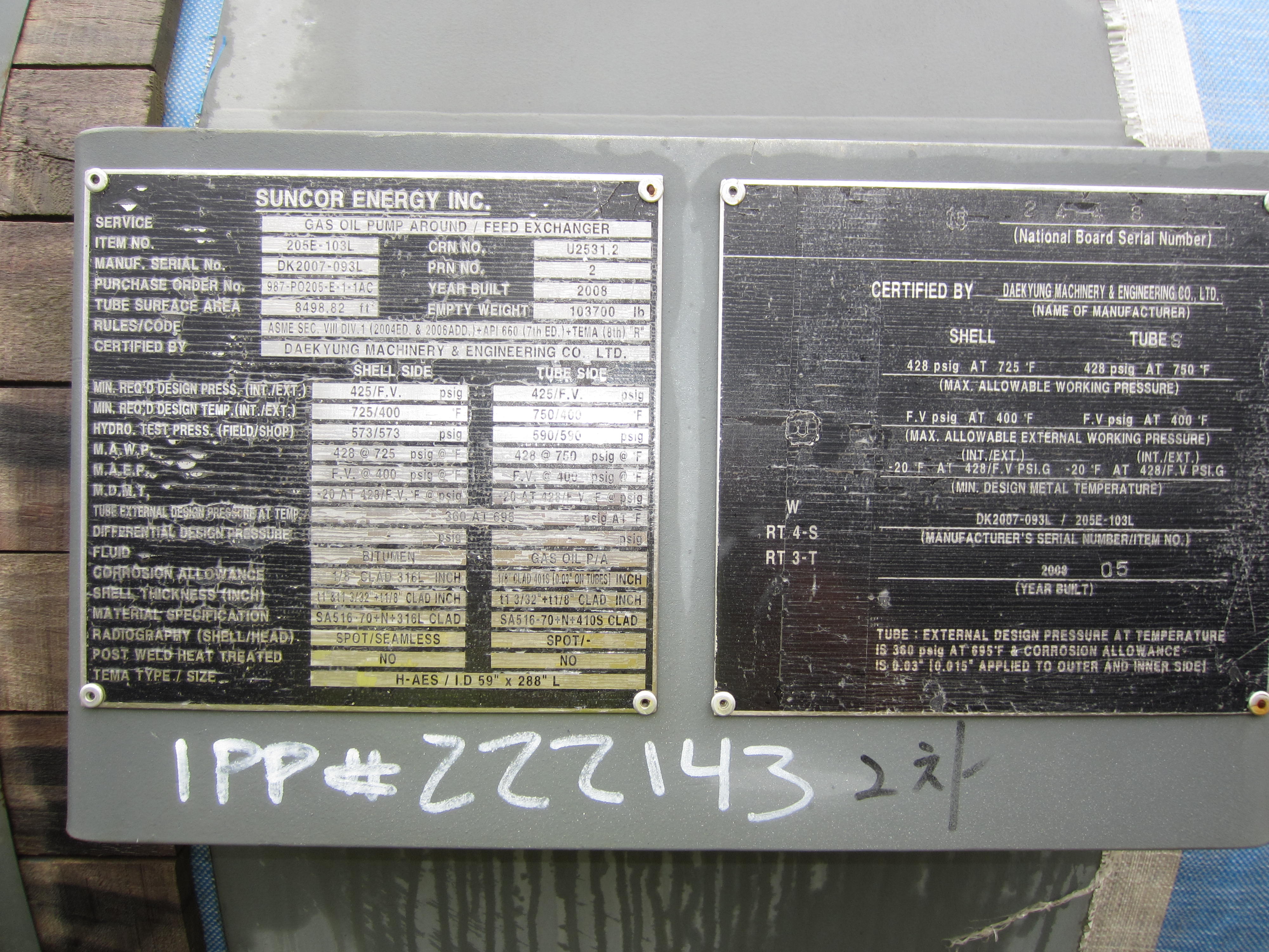 Unused Stainless Steel 316 Clad Shell and Tube Heat Exchanger - IPP# 222143