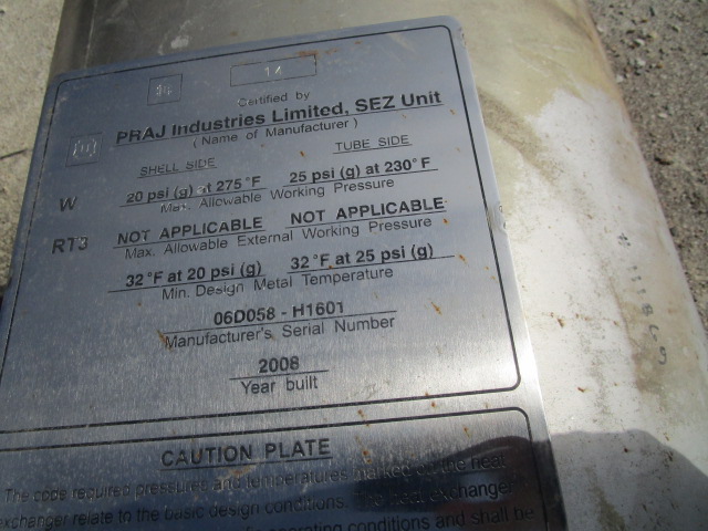 IPP# 235342, 178 m² (1,916 ft²) Unused Stainless Steel 304 Shell and Tube Heat Exchanger For Sale