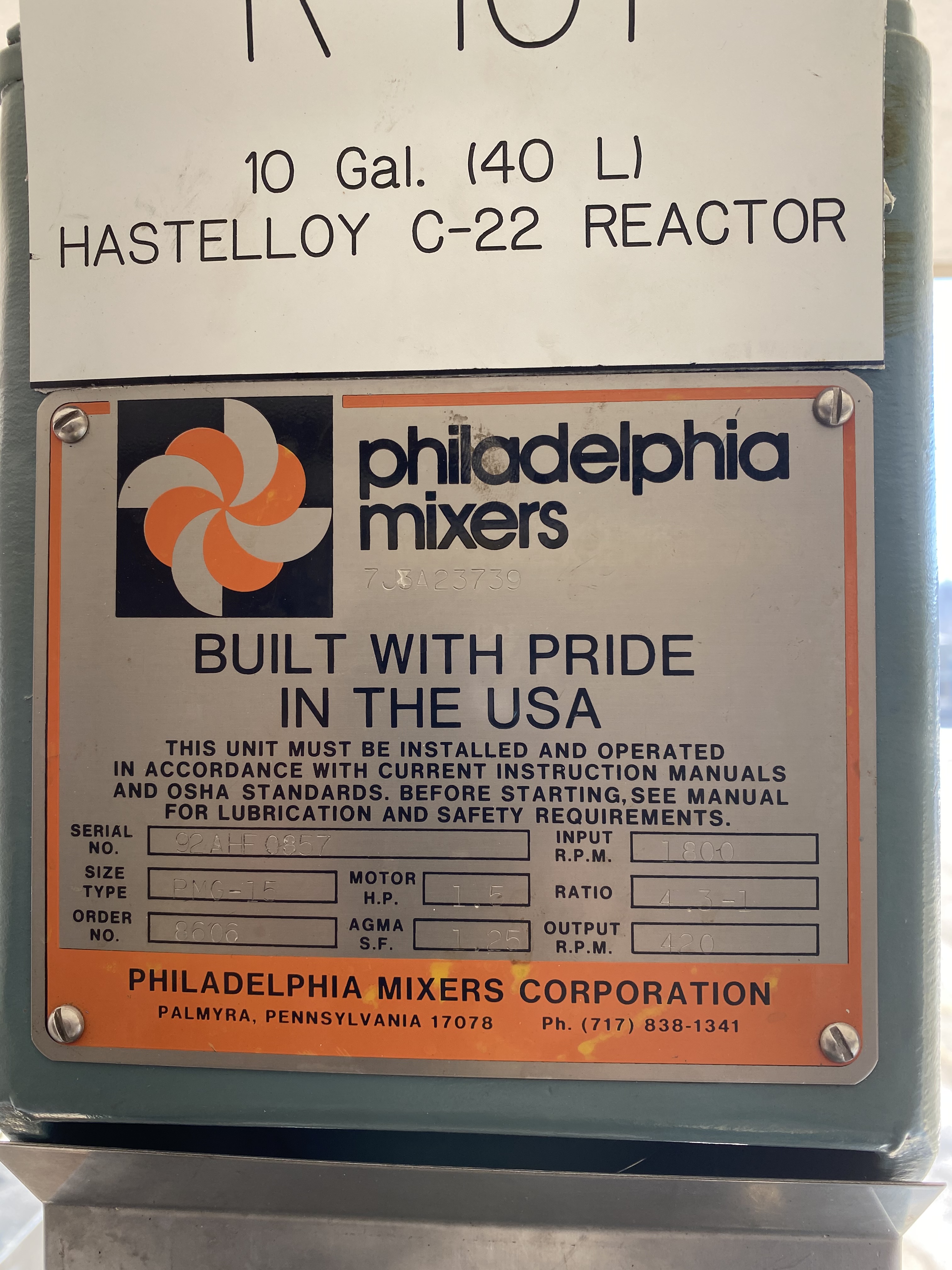 IPP# 235703, 37.9 L (10 gallons)  Hastelloy - C276 Batch-Type Agitated Reactor For Sale