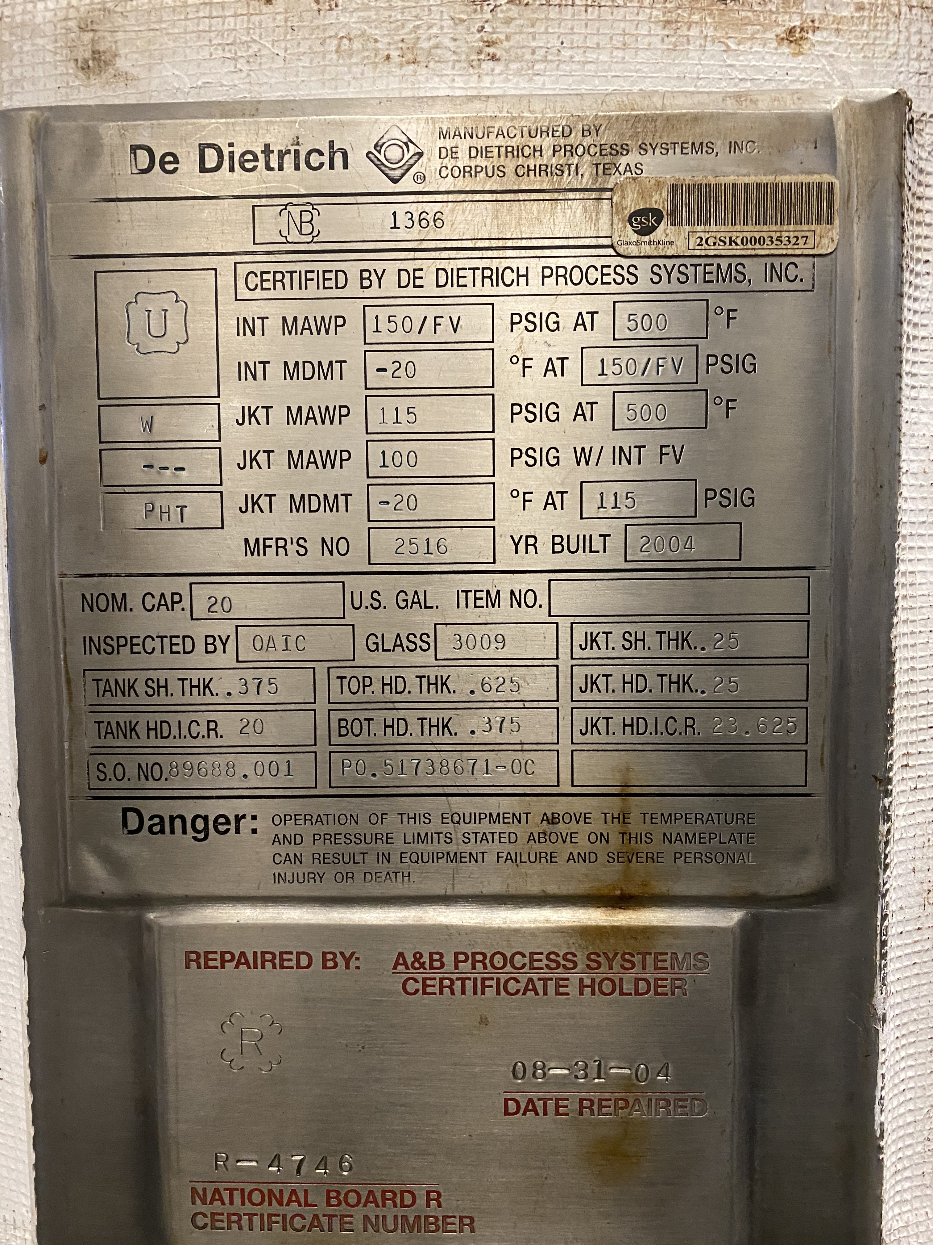 IPP# 235701, 75.7 L (20 gallons)  Glasslined Batch-Type Agitated Reactor For Sale