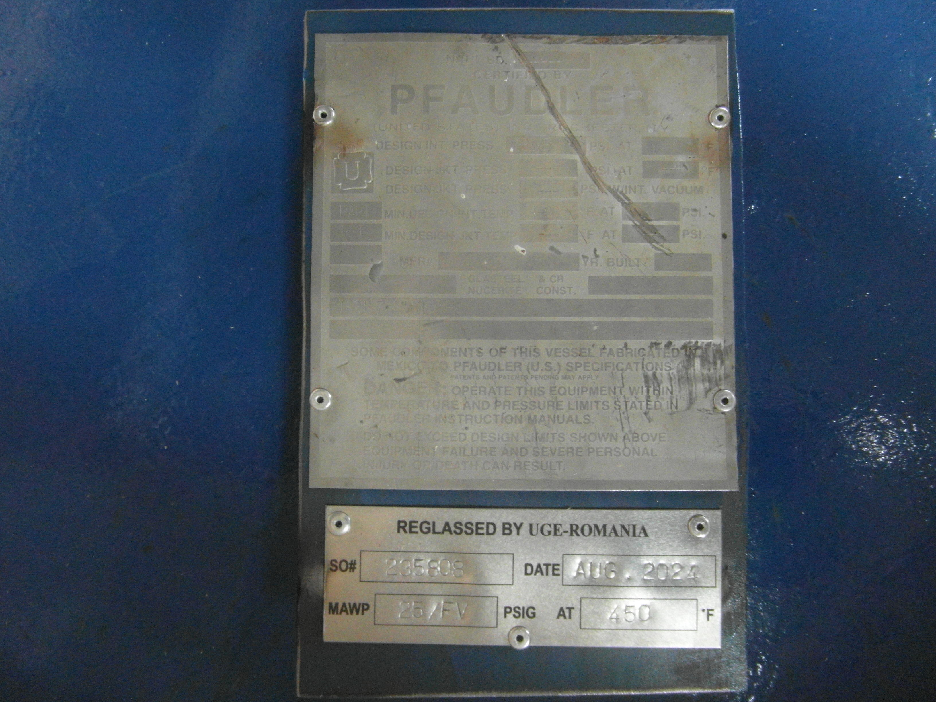 IPP# 235808, 2,839 L (750 gallons)  Glasslined Main Cover Glass Lined Parts For Sale