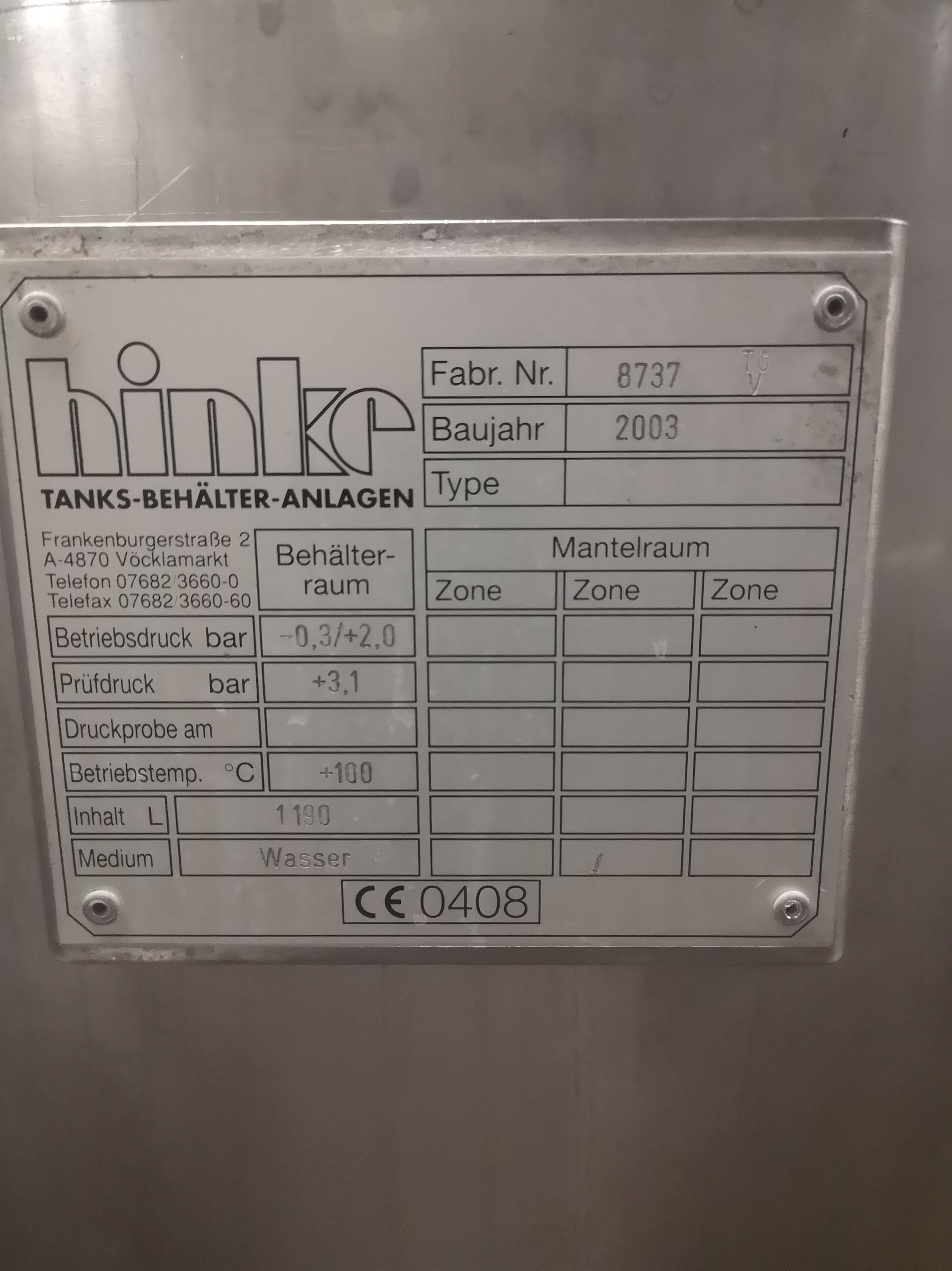 IPP# 236120, 1,190 L (314.4 gallons)  Stainless Steel Austentic  Tank For Sale