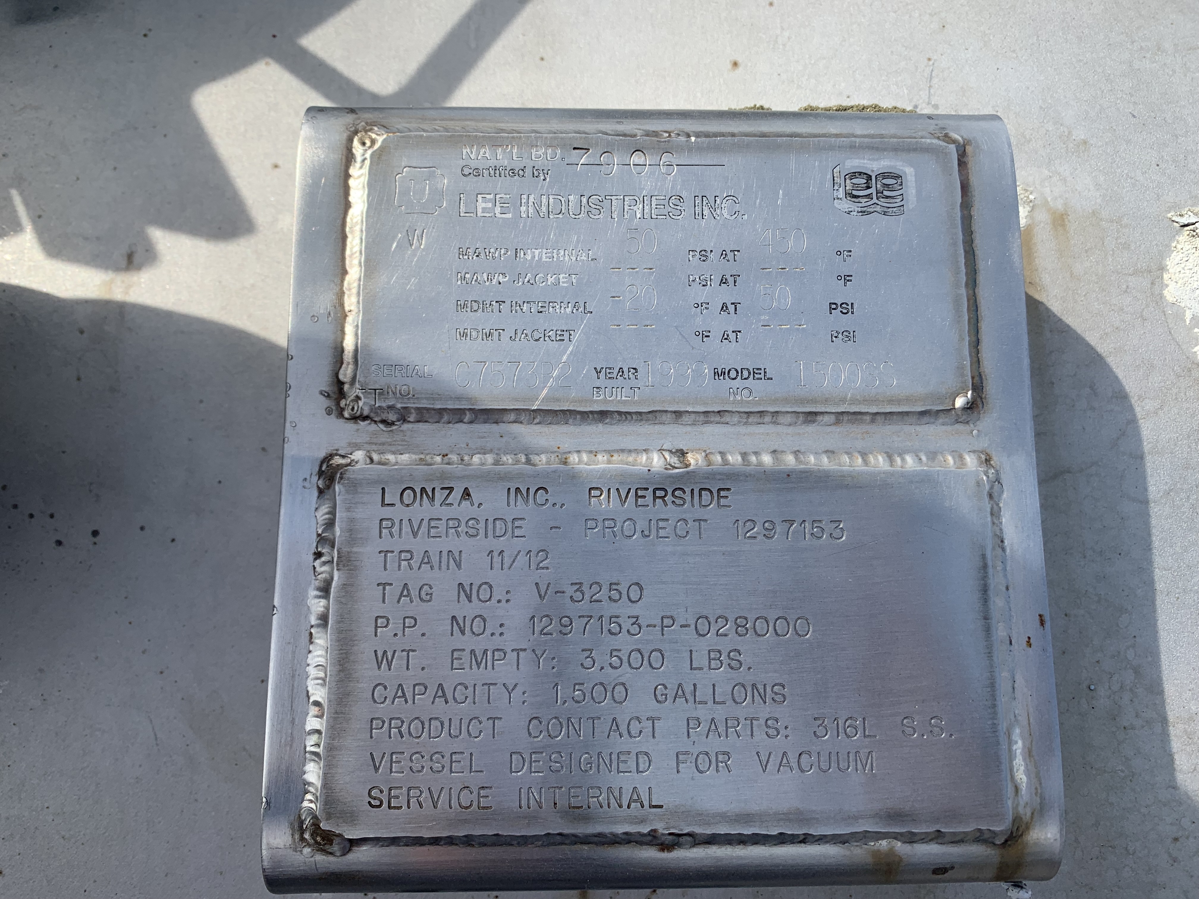 Stainless Steel 316L Lee Industries 1500 SS Tank - IPP# 233211
