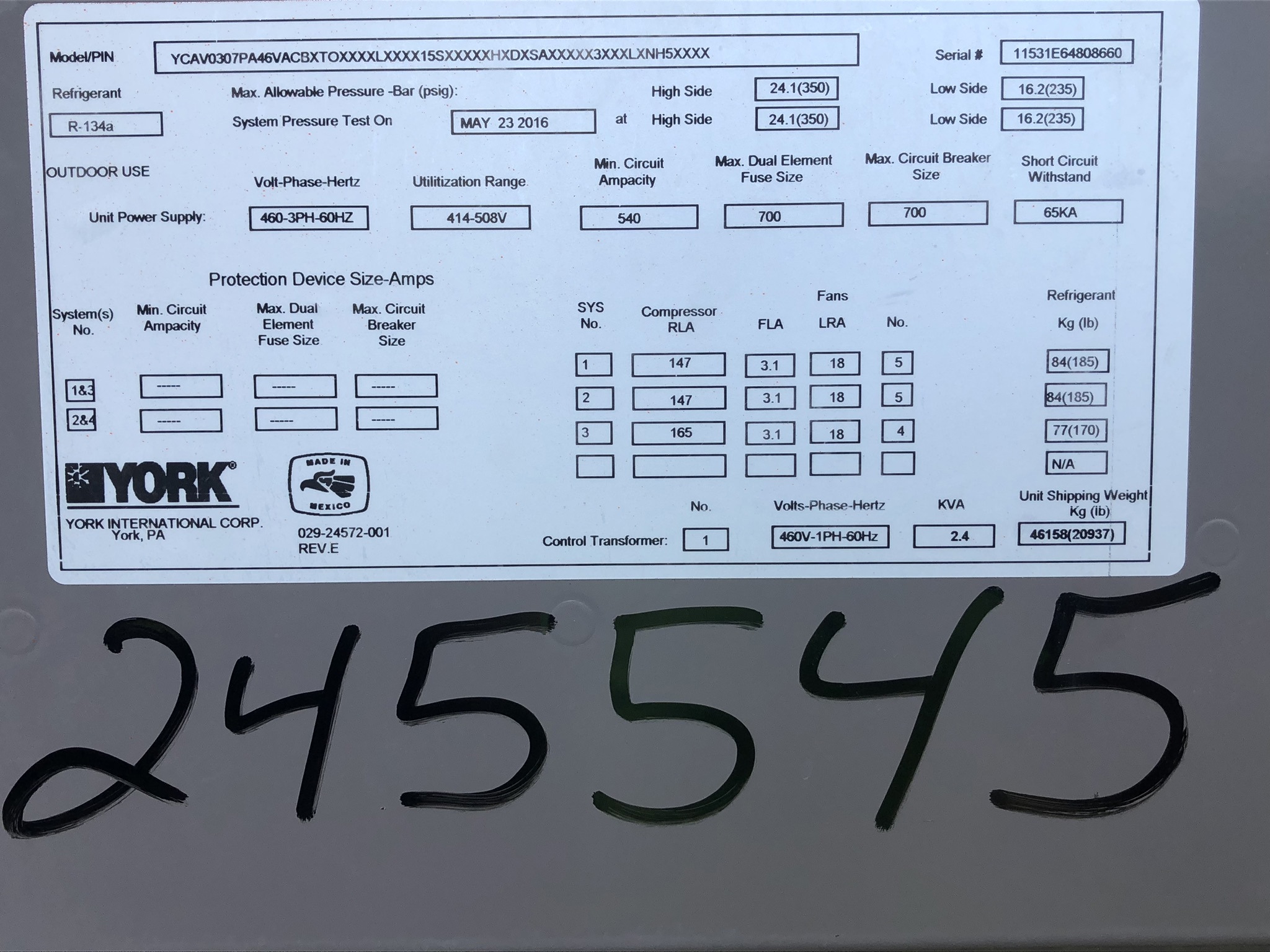 IPP# 245545, 911,721 kcal/h (301.5 Ref. Ton)  Carbon Steel Air Cooled Chiller For Sale