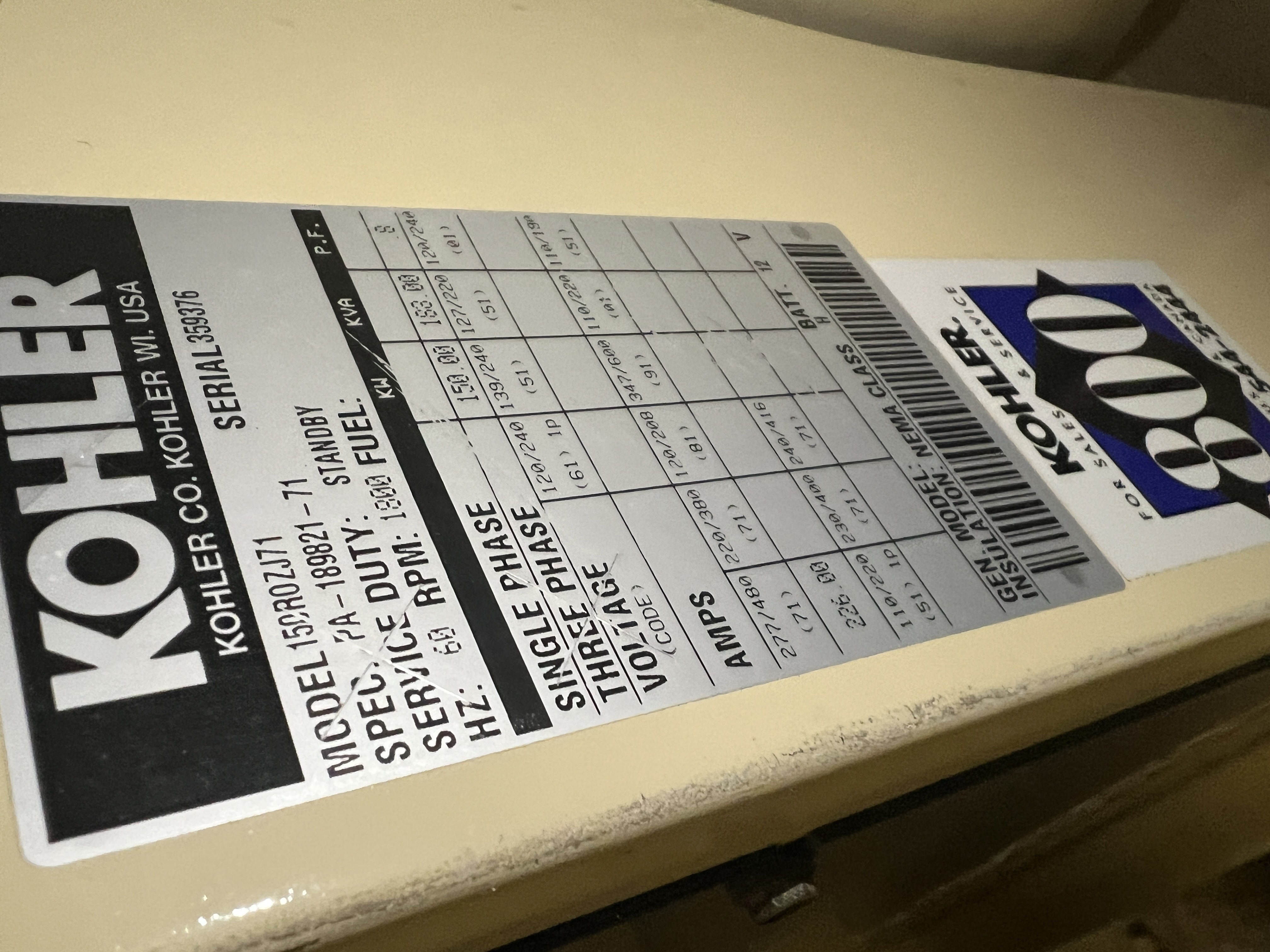 150 kW Kohler Diesel Generator – 600 A, 240 V 3-Phase Emergency Backup - IPP# 245787