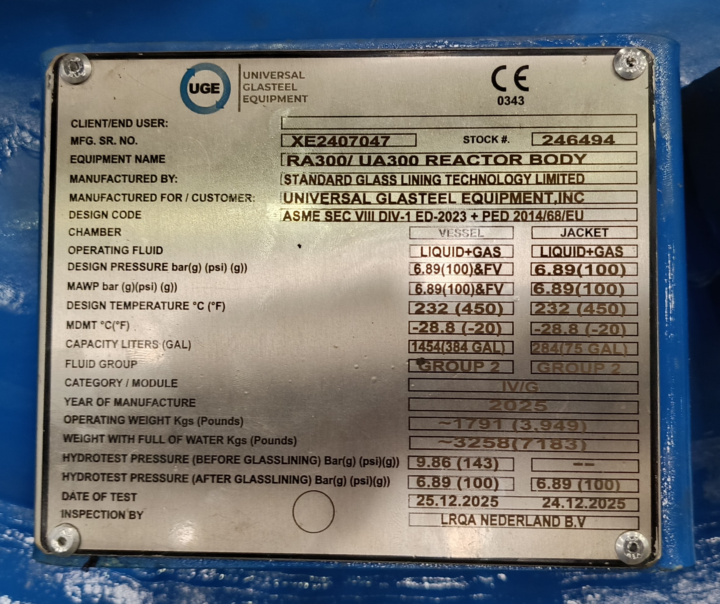 New Glasslined UGE UA-300 Batch Type Reactor Body - IPP# 246494