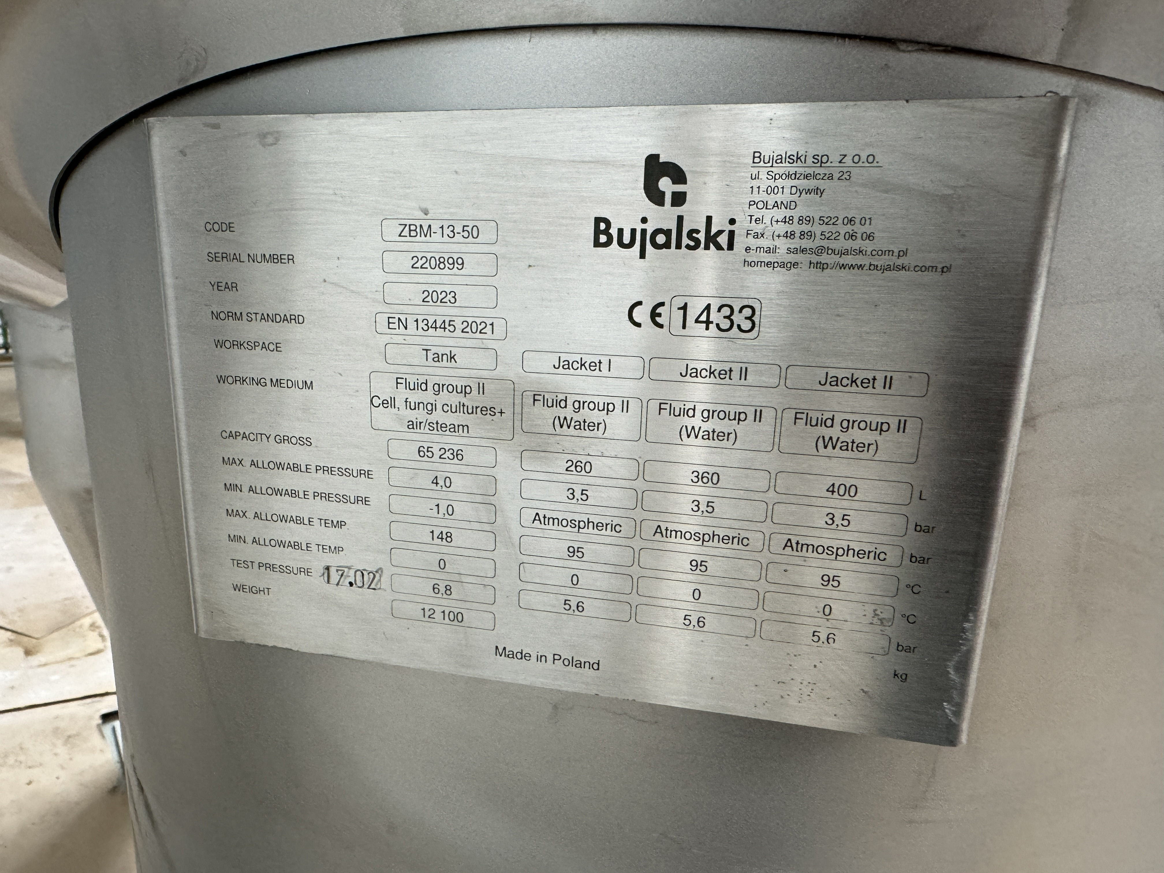 Unused Stainless Steel 316 Bujalski sp. zo.o.  Fermenter - IPP# 247041