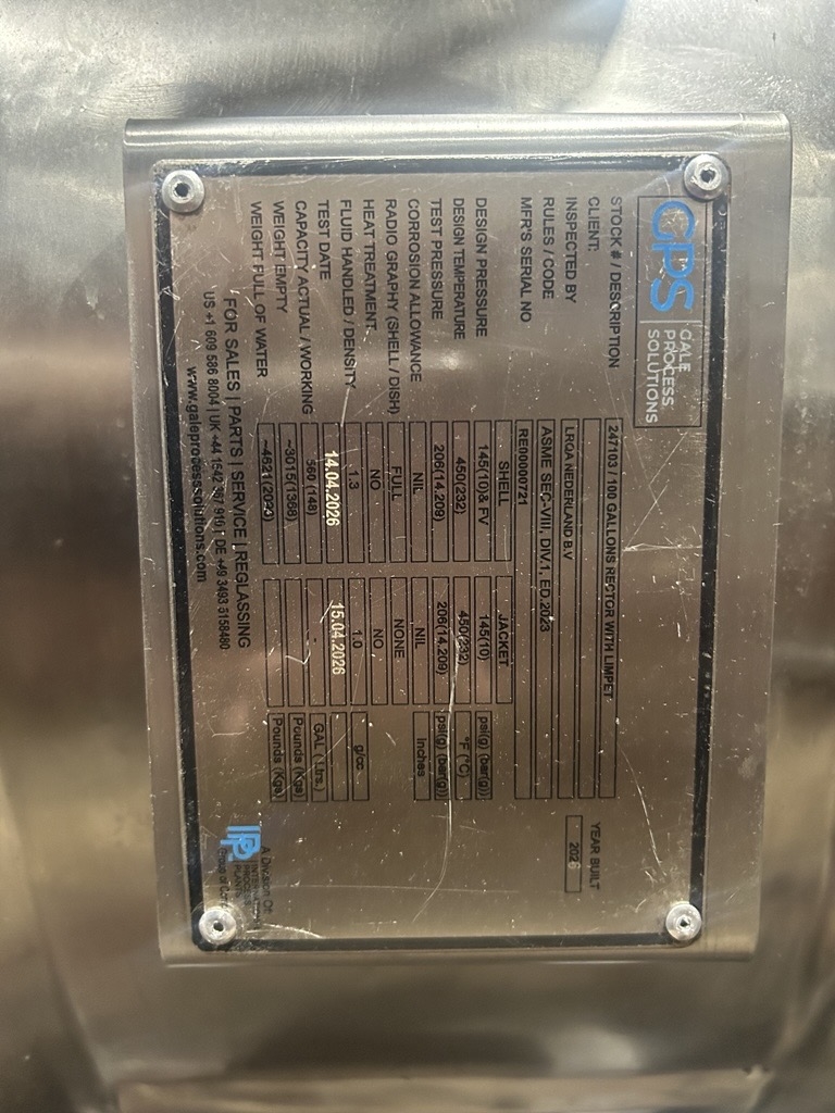 New Stainless Steel 316L Gale Process Solutions Batch-Type Agitated Reactor - IPP# 247103