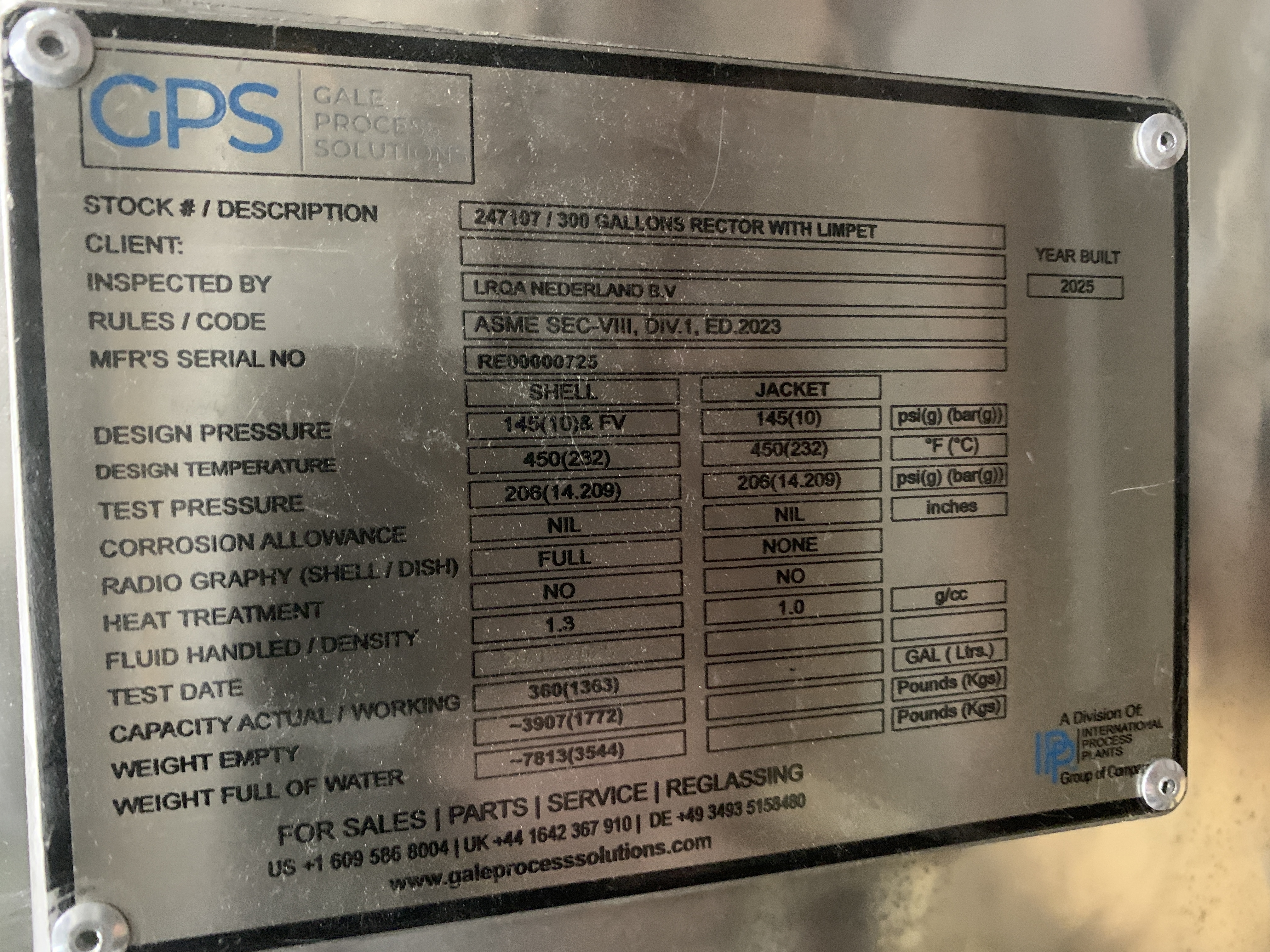 New Stainless Steel 316L Gale Process Solutions Batch-Type Agitated Reactor - IPP# 247107