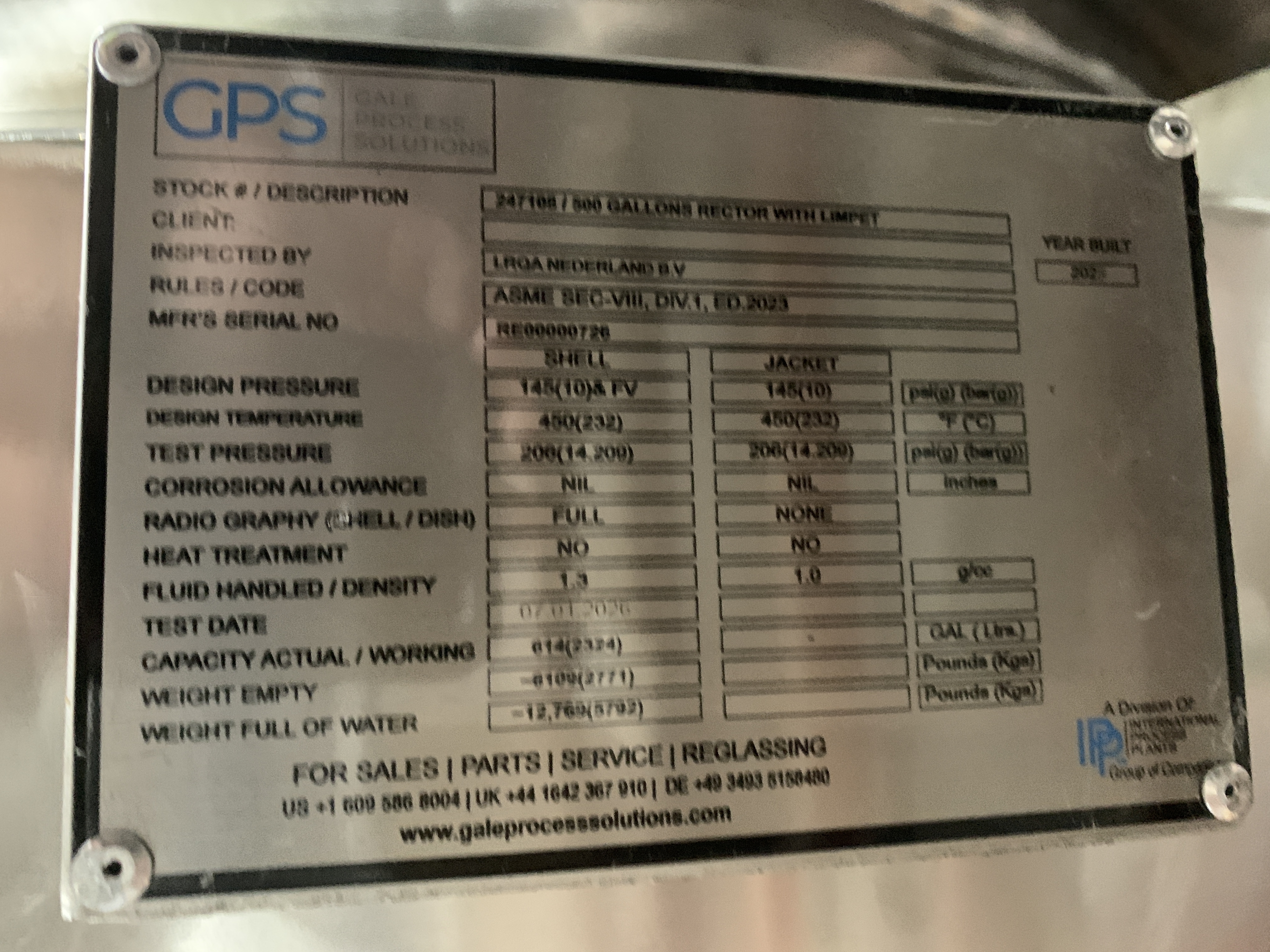 New Stainless Steel 316L Gale Process Solutions Batch-Type Agitated Reactor - IPP# 247108