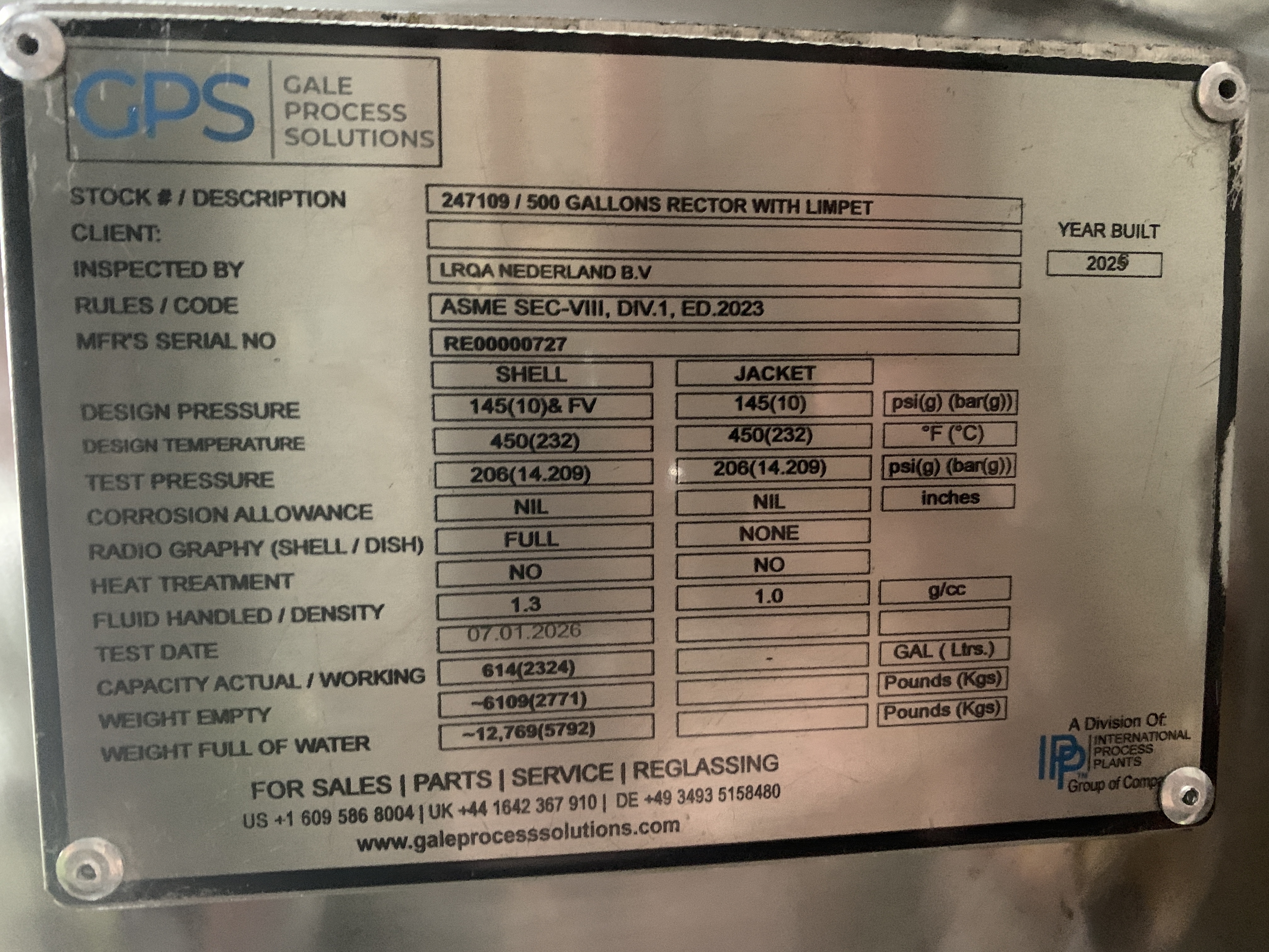 New Stainless Steel 316L Gale Process Solutions Batch-Type Agitated Reactor - IPP# 247109