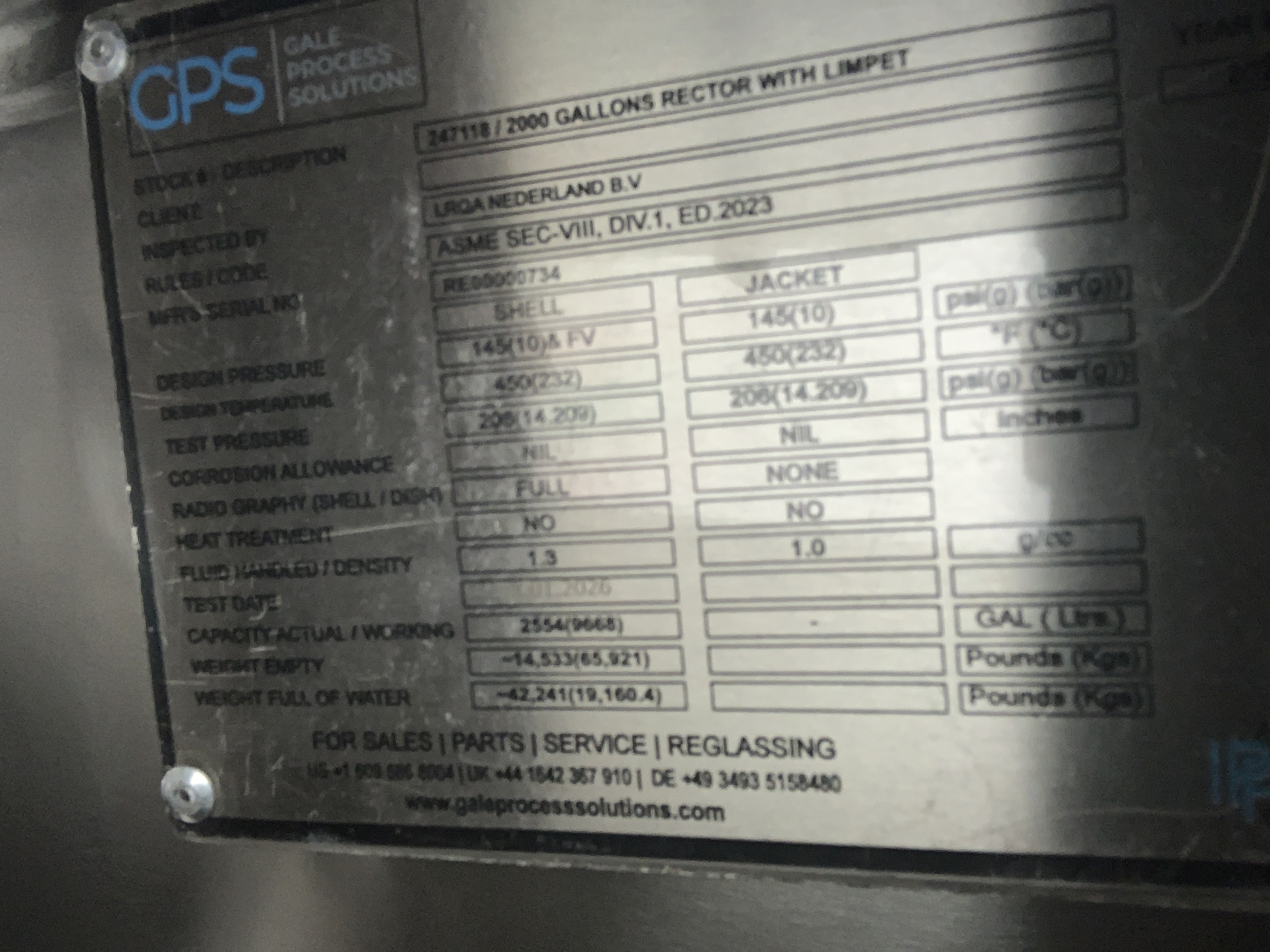 New Stainless Steel 316L Gale Process Solutions Batch-Type Agitated Reactor - IPP# 247118