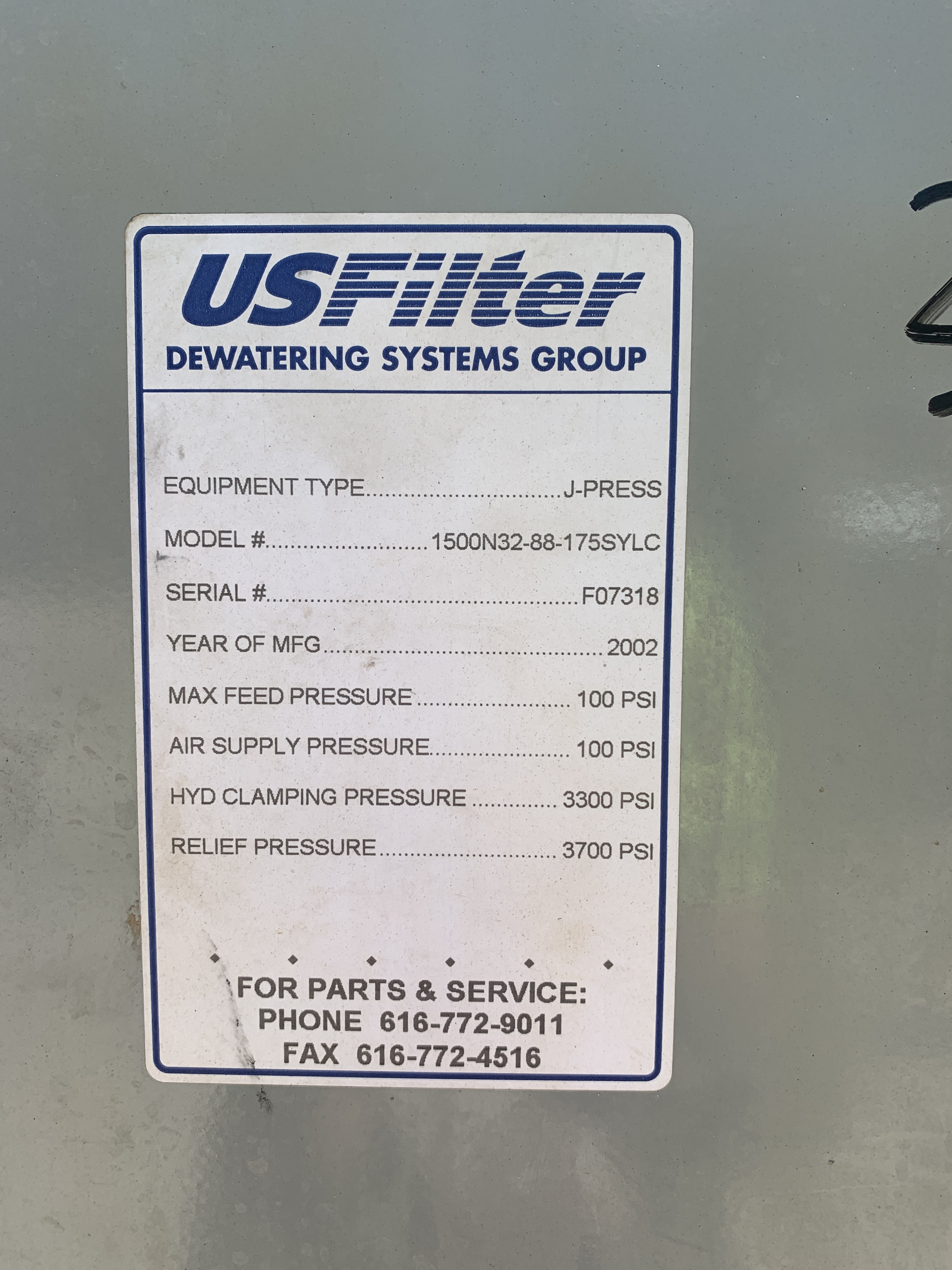 Polypropylene US Filter 1500N32-88-175SYLC Press Filter - IPP# 248253