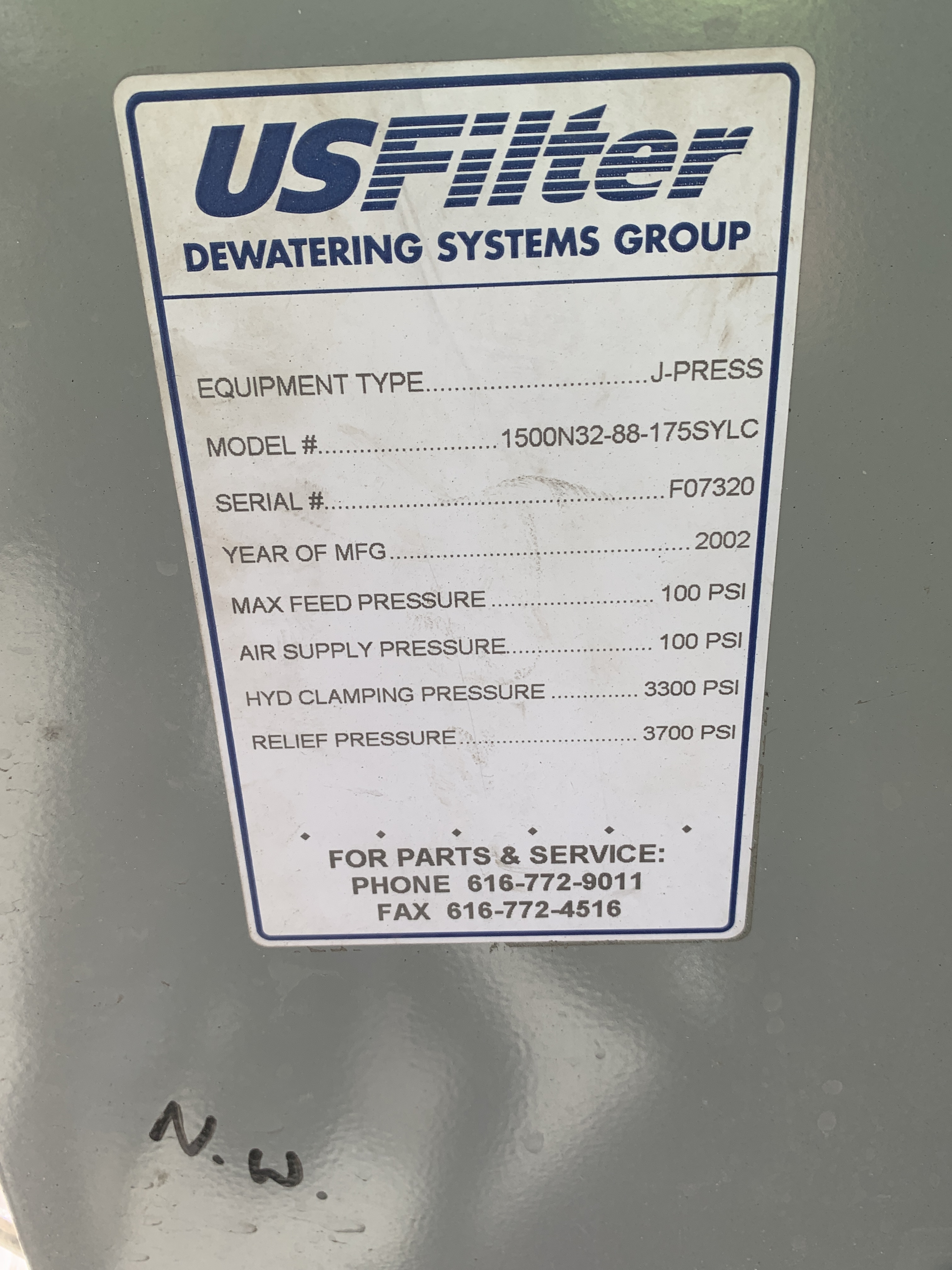 Polypropylene US Filter 1500N32-88-175SYLC Press Filter - IPP# 248252