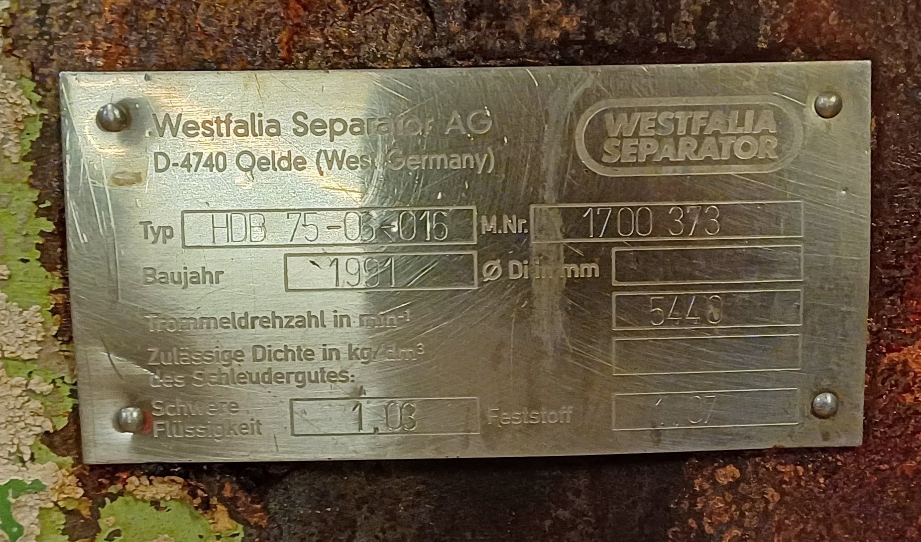 Stainless Steel 316L Westfalia HDB 75-06-016 Disc Bowl Centrifuge - IPP# 248276