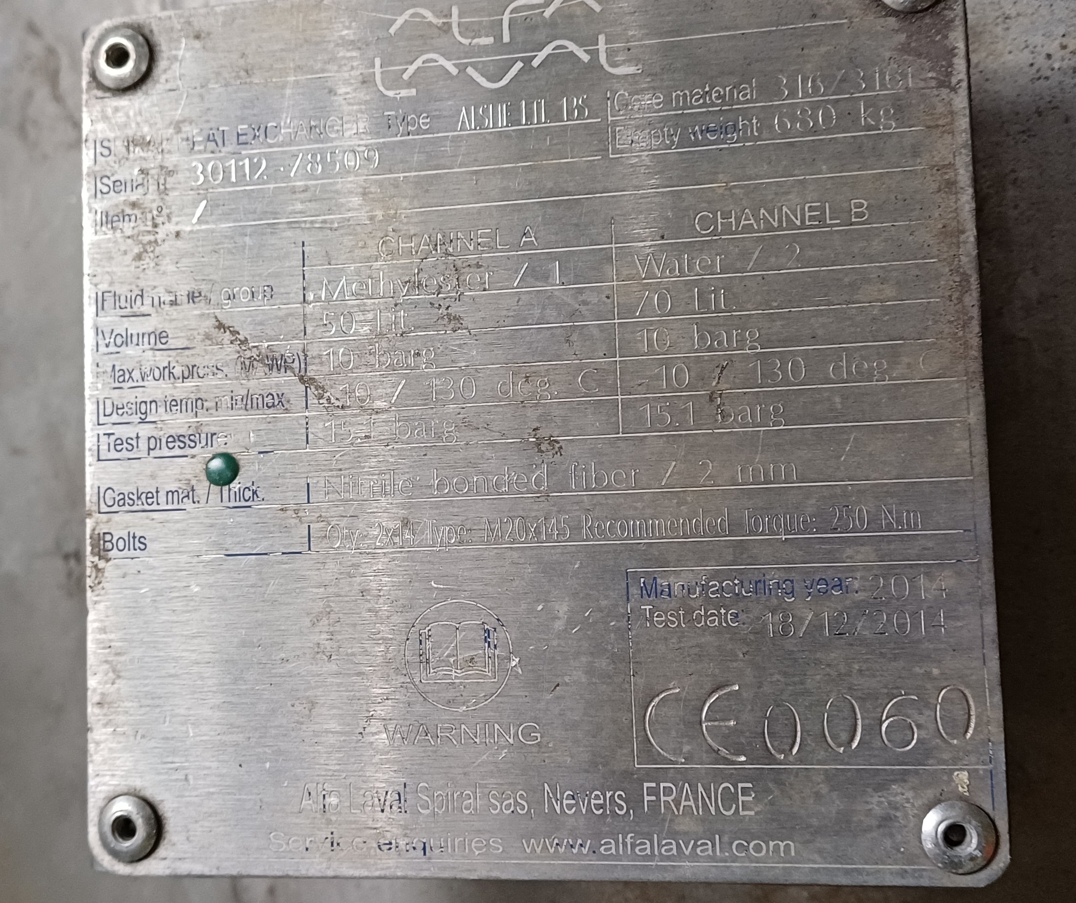Stainless Steel 316L Alfa Laval AI.SHE LTL. 13S Spiral Heat Exchanger - IPP# 248321