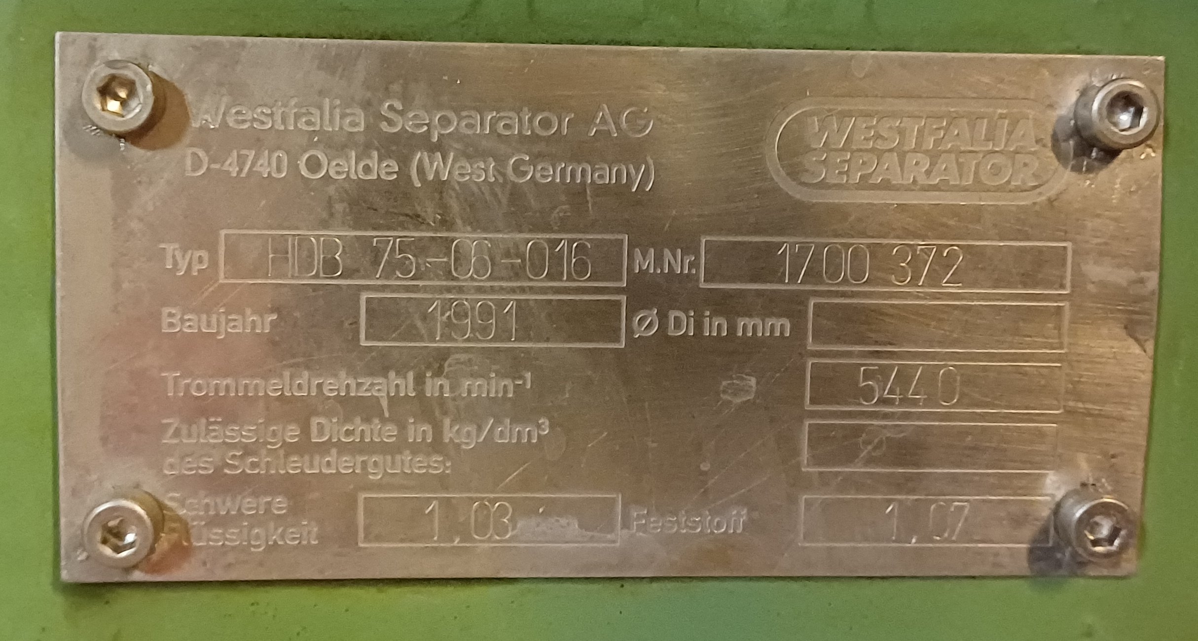 Stainless Steel 316L Westfalia HDB 75-06-016 Disc Bowl Centrifuge - IPP# 248456