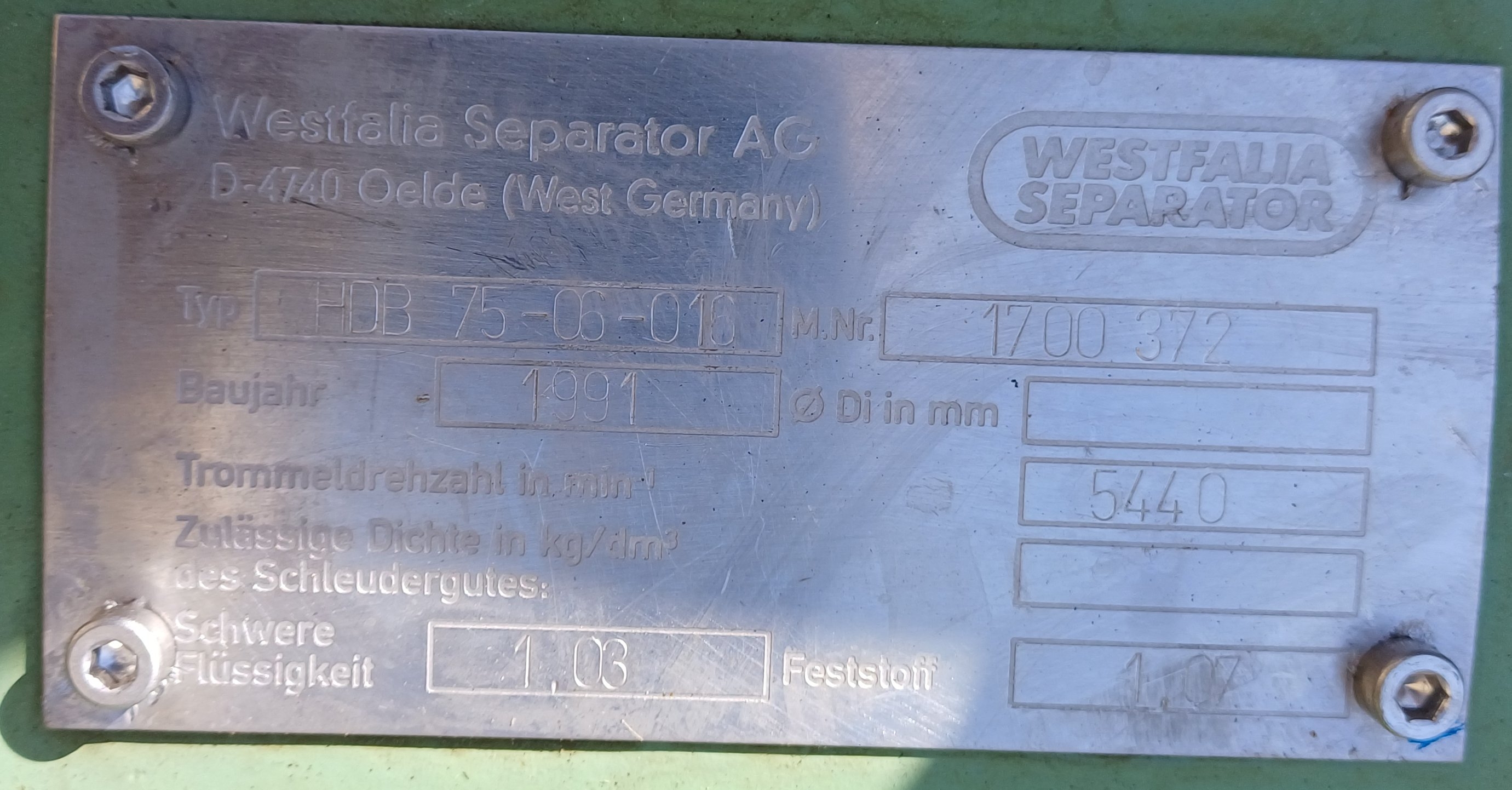 Stainless Steel 316L Westfalia HDB 75-06-016 Disc Bowl Centrifuge - IPP# 248456