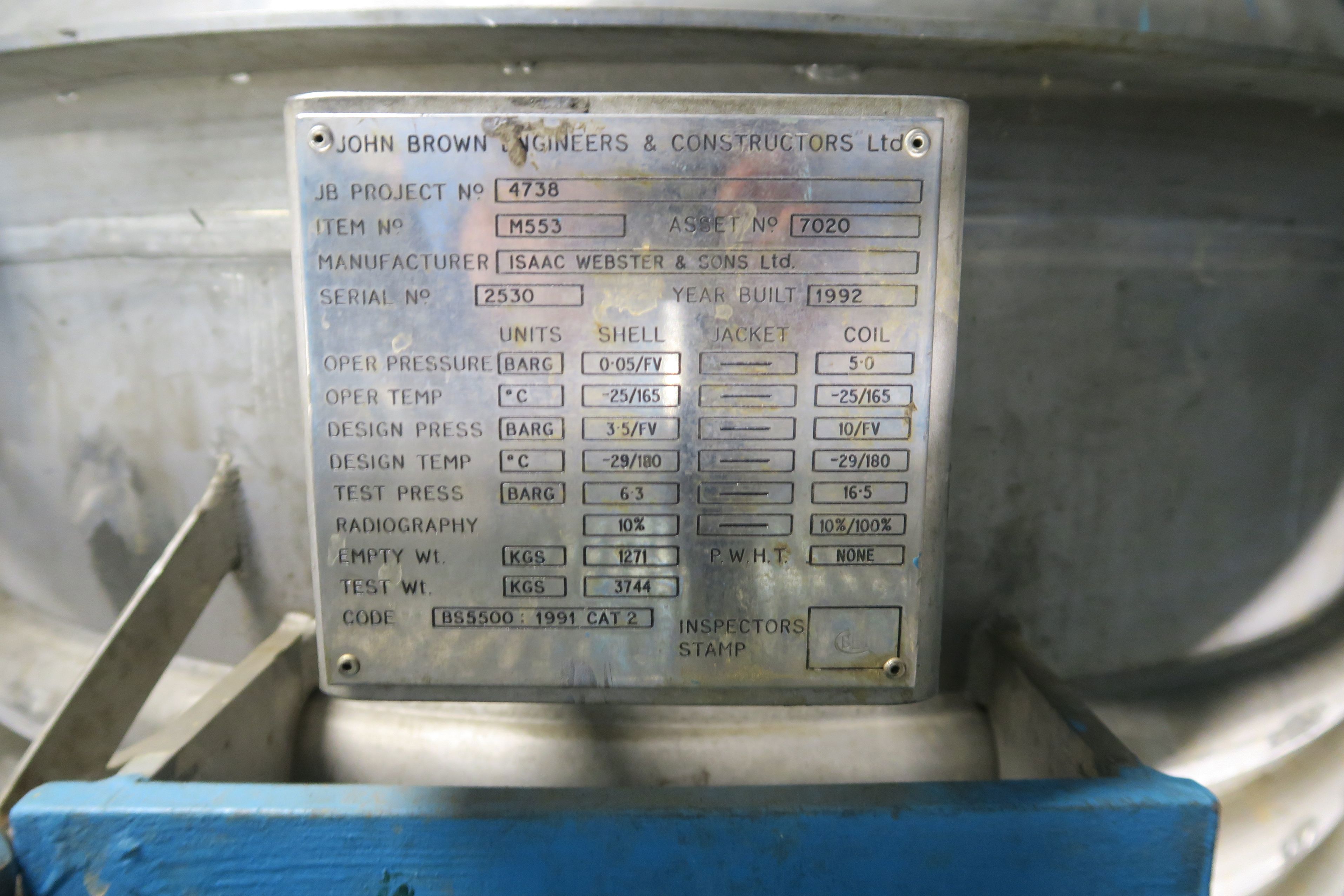 Stainless Steel 316L Isaac Webster and Sons Ltd Jacketed Tank - IPP# 242551