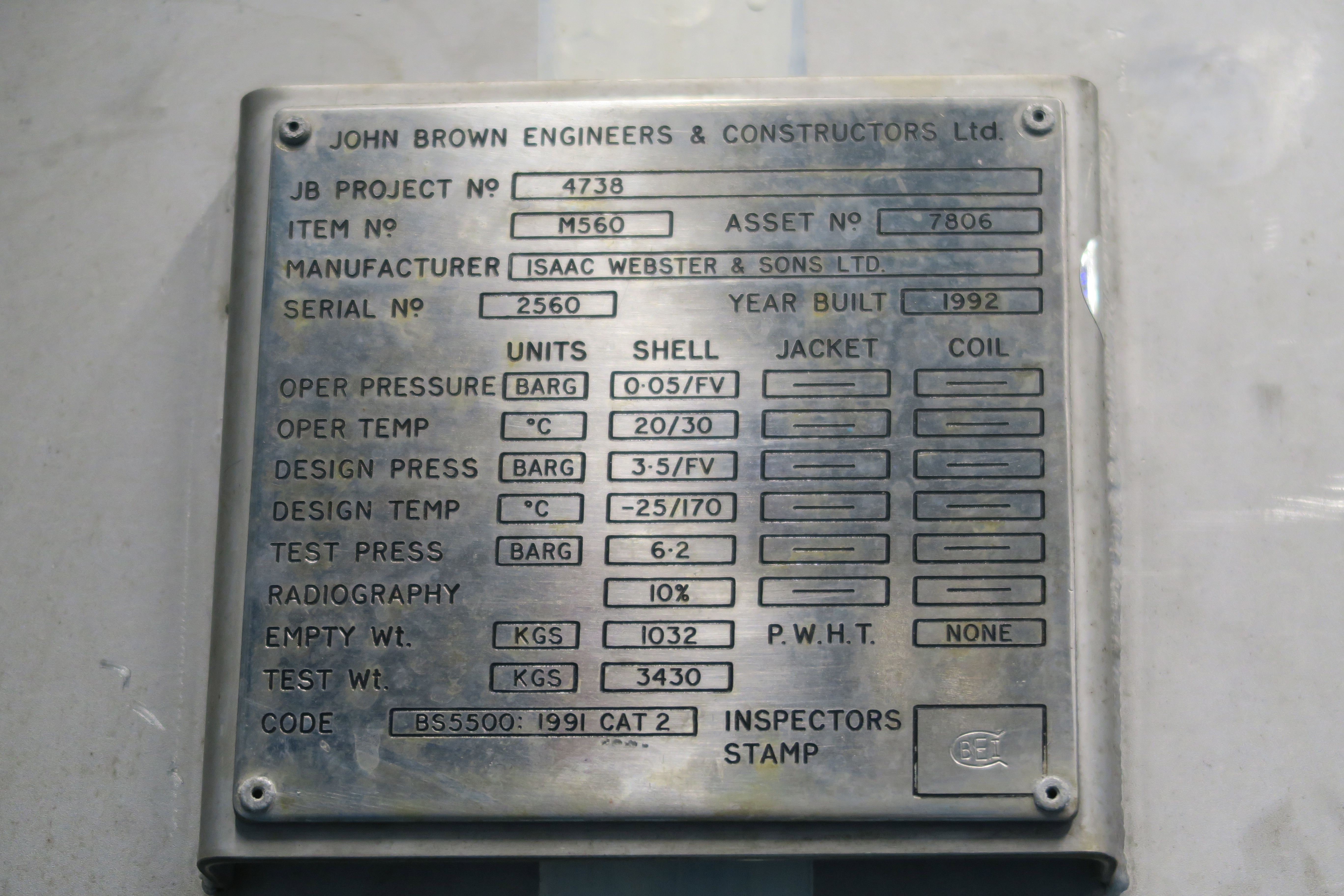 Stainless Steel 316L Isaac Webster and Sons Ltd Tank - IPP# 242557