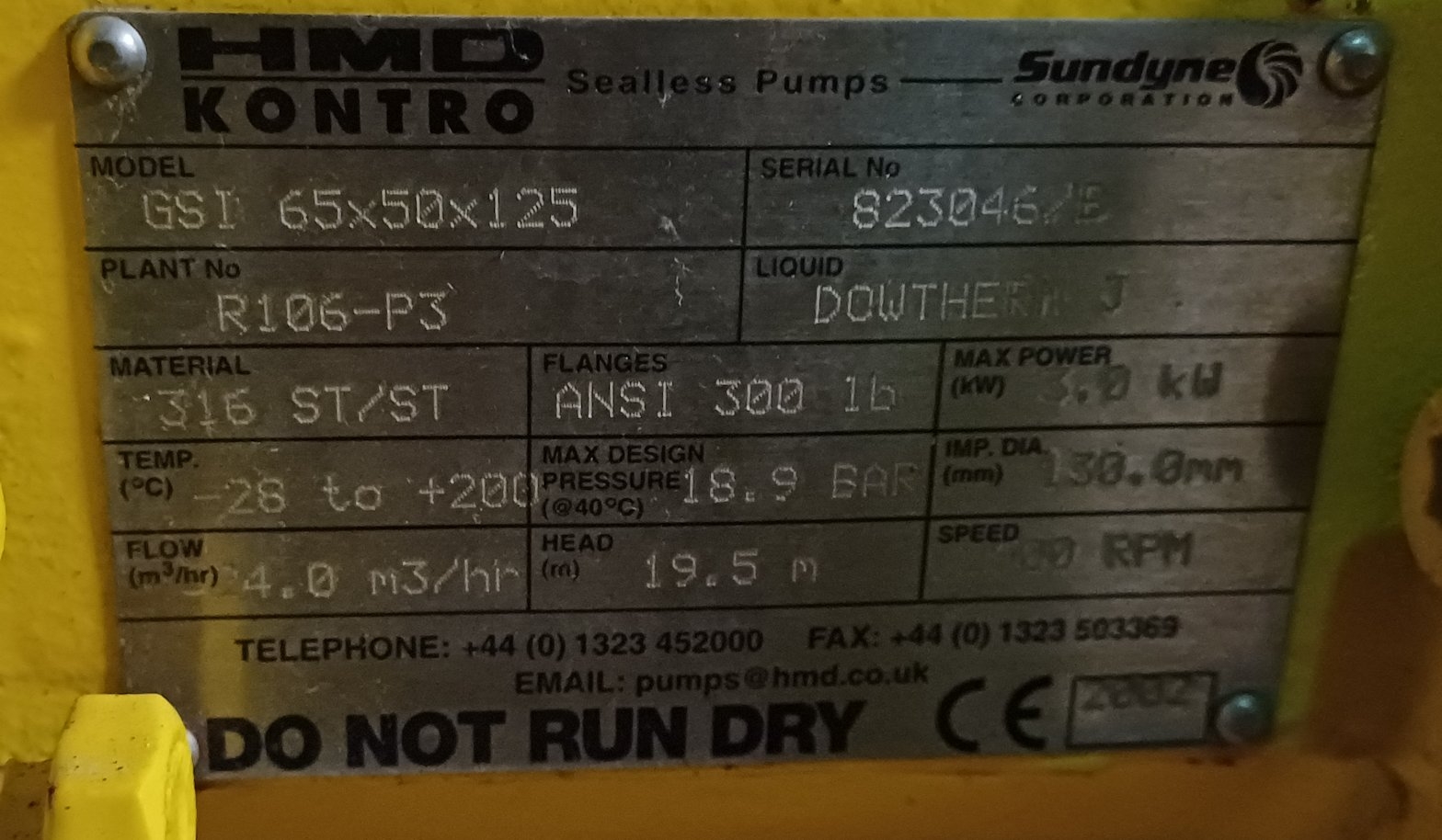 Stainless steel 316 HMD Sealless Pumps GSI 65x50x125 C-A3 Centrifugal Pump - IPP# 242627
