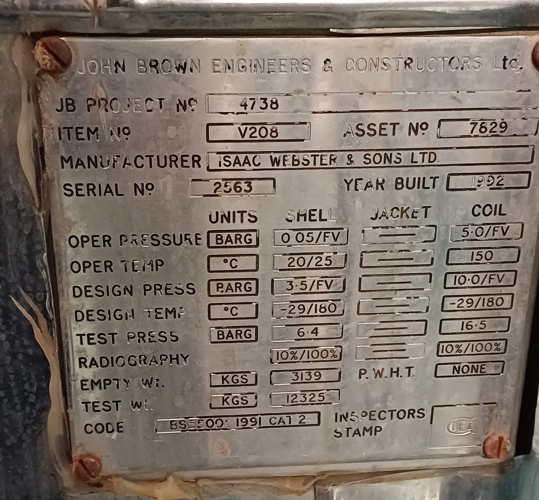 Stainless Steel 316L Isaac Webster and Sons Ltd Tank - IPP# 242771