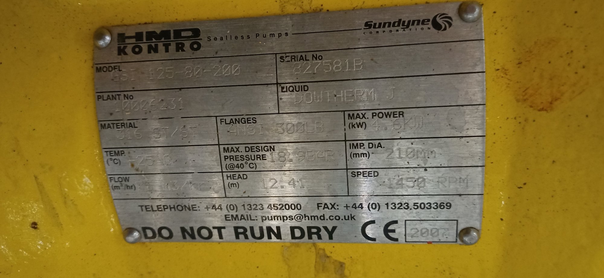 Stainless Steel 316 HMD Sealless Pumps GSI 125-80-200H EA6 Centrifugal Pump - IPP# 242716