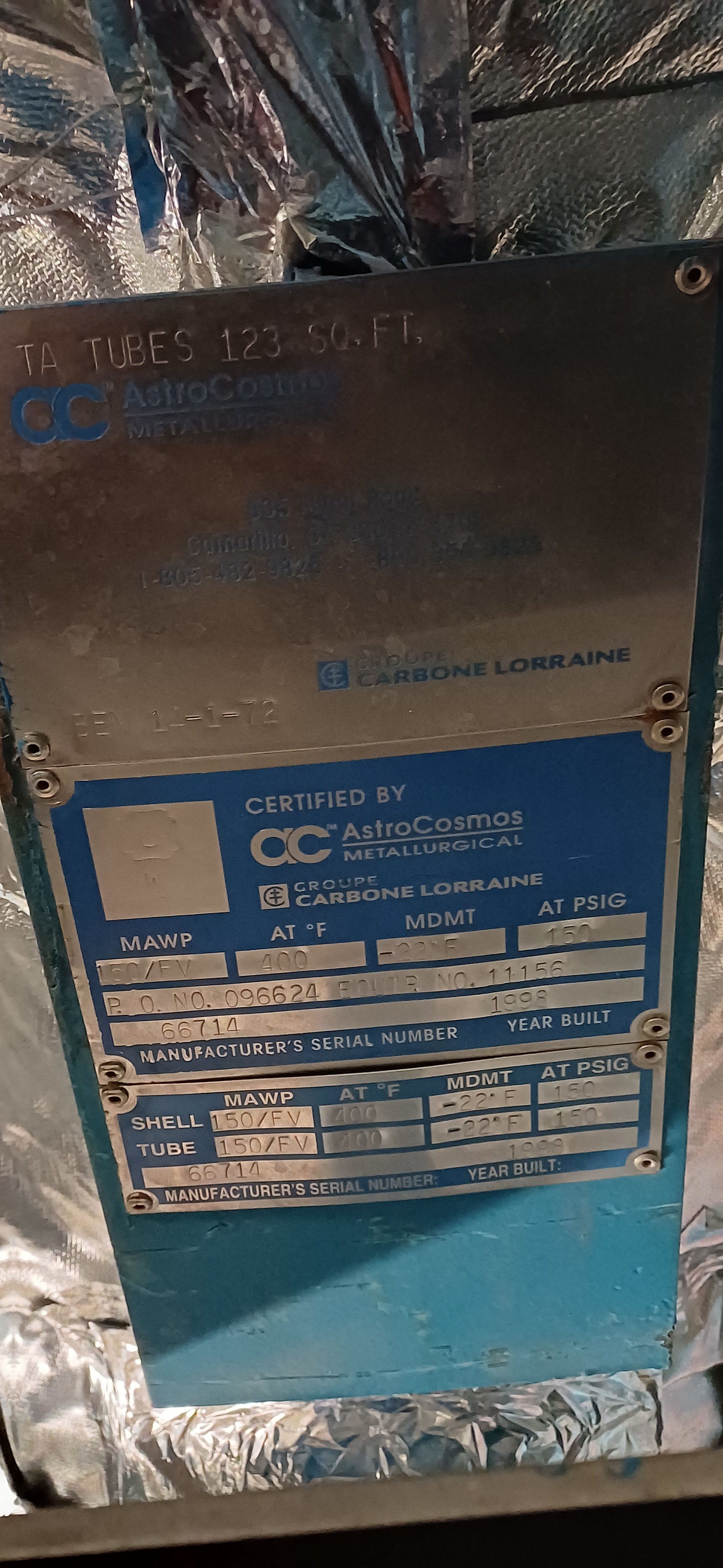 11.4 m² Tantalum Shell & Tube Heat Exchanger – ASME Vertical Design - IPP# 242723