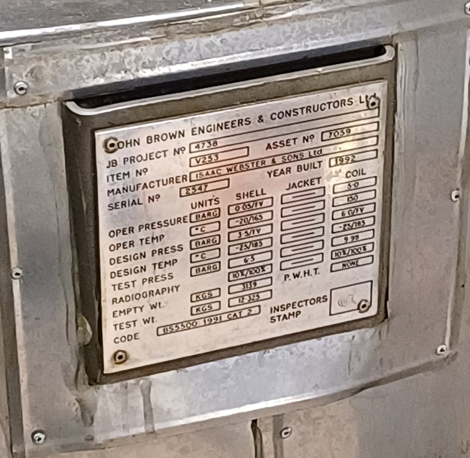Stainless Steel 316L Isaac Webster Tank - IPP# 242807