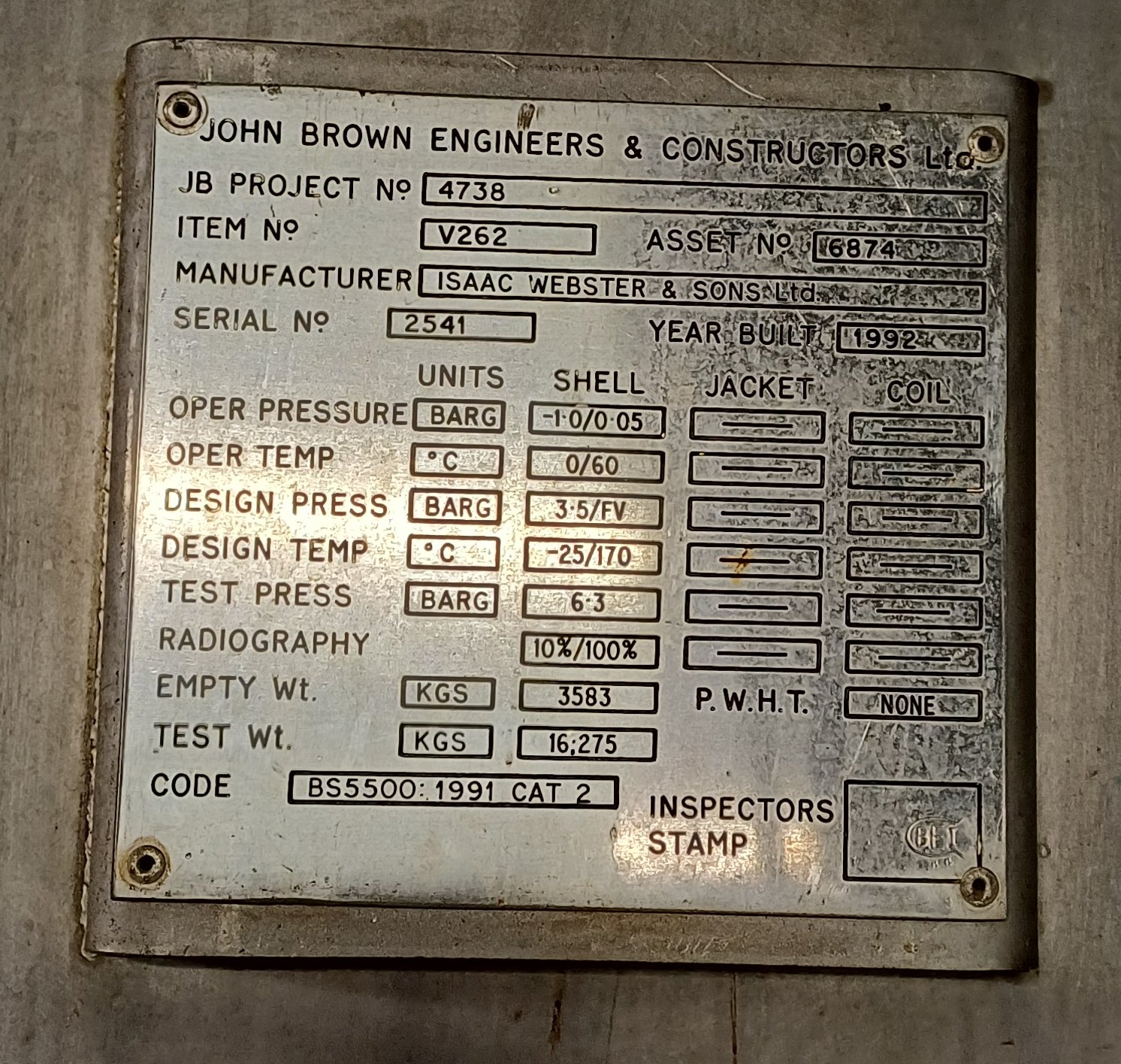 Stainless Steel 316L Isaac Webster and Sons Ltd Tank - IPP# 242812