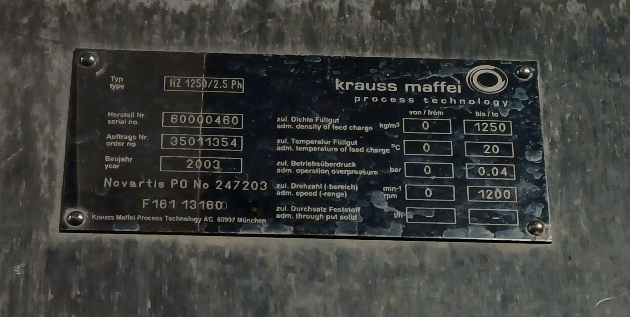 Stainless Steel 316L Krauss Maffei HZ-1250-2.5-PH Centrifuge-Peeler - IPP# 242962